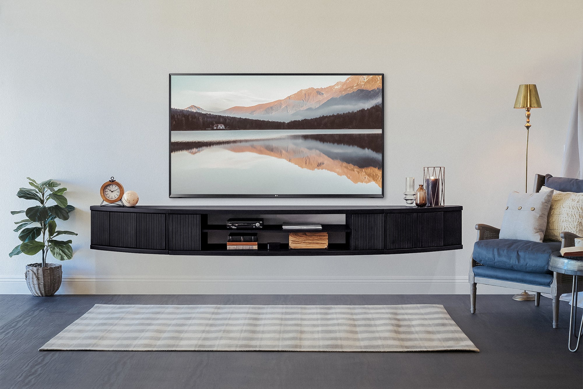 Handcrafted 108" Floating TV Stand Curved Wall Mount Entertainment Center - Arc - Black