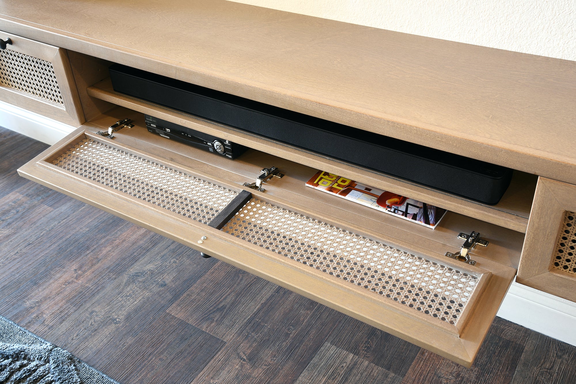 Handcrafted Cane Floating TV Stand Cane Wall Mount Entertainment Cen