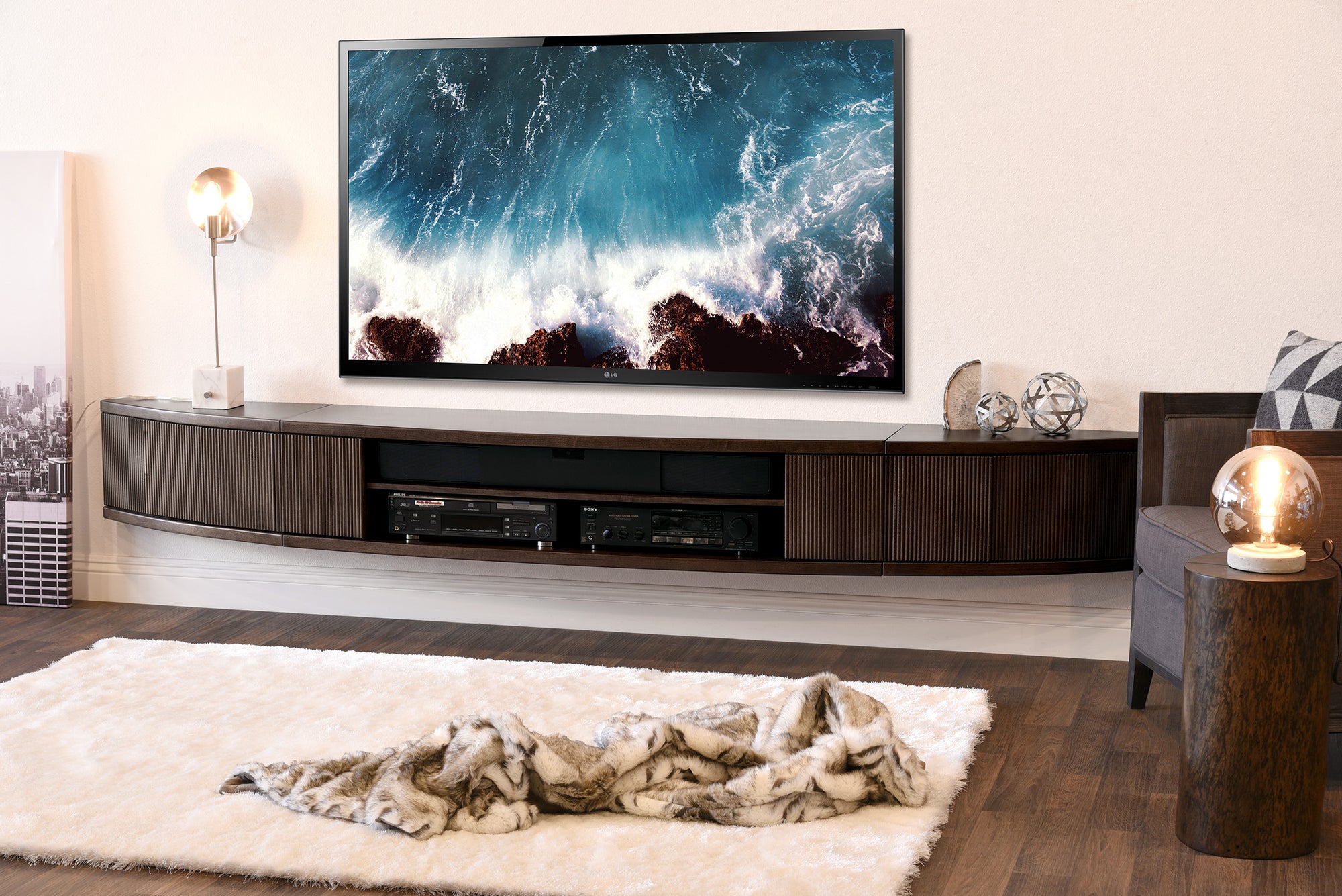 Necessities pude Estate Wall Mount Floating Entertainment Center TV Stand - Arc - Espresso -  Woodwaves