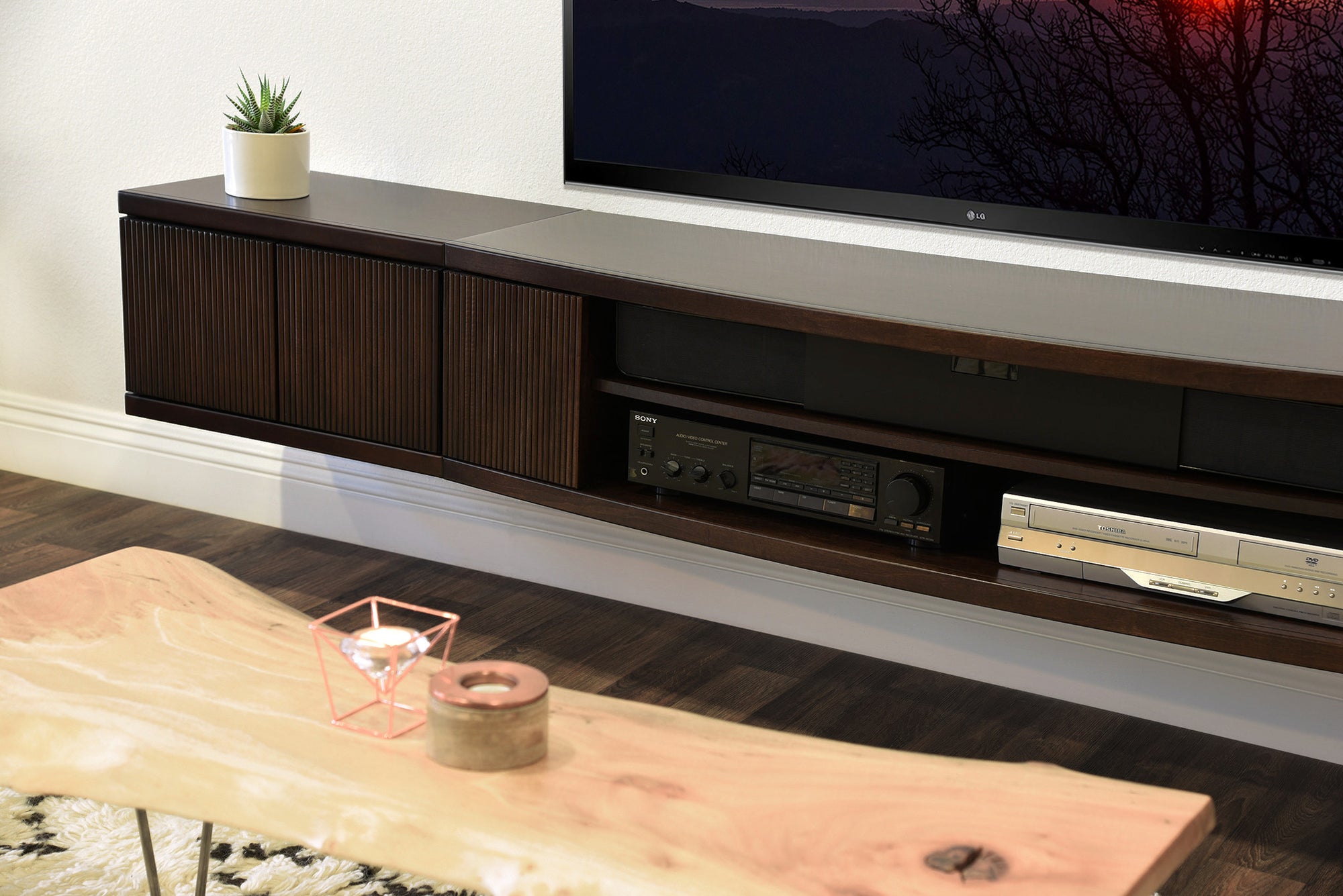 Handcrafted 101" Floating TV Stand Wall Mount Entertainment Center - Curve - Espresso