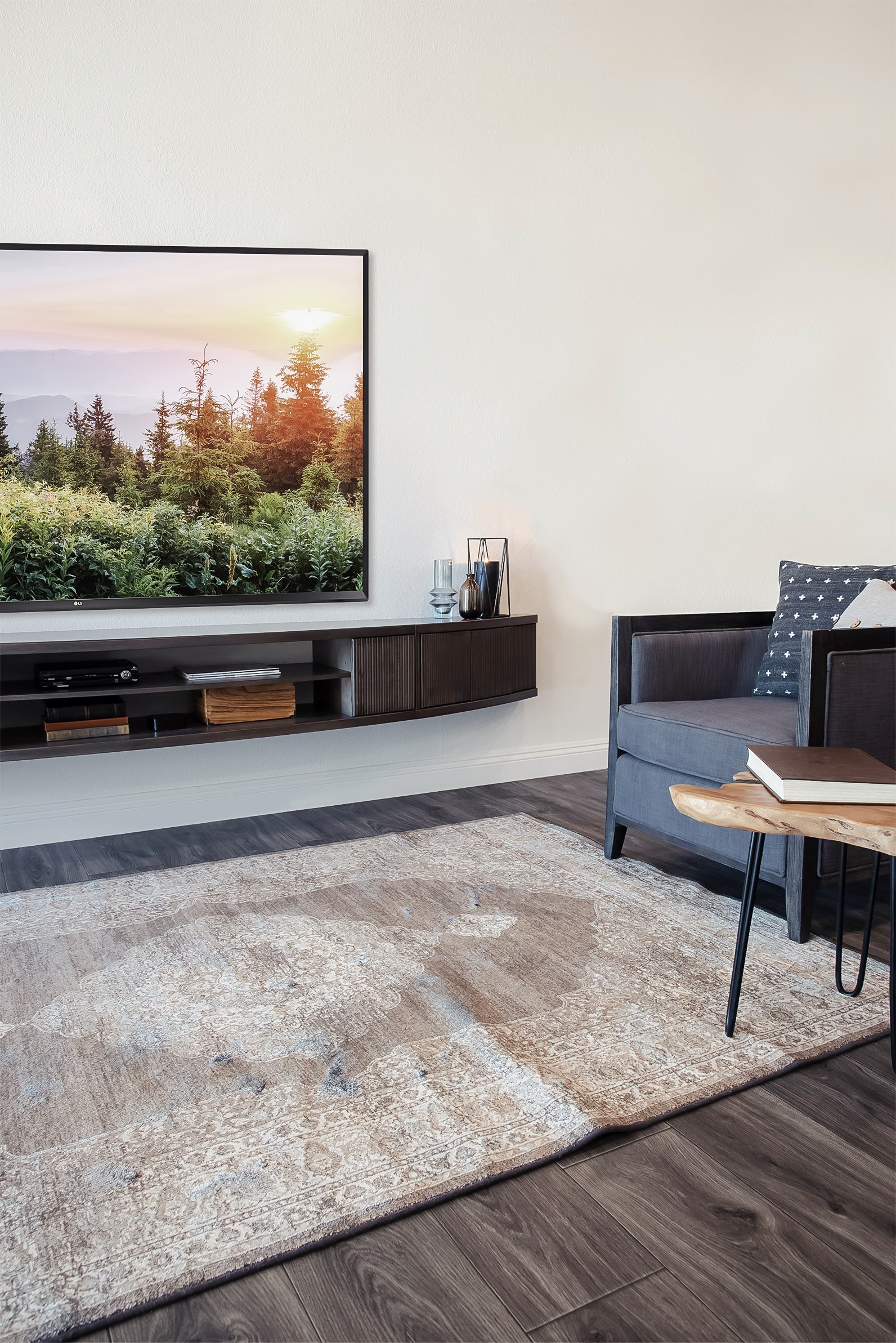 Handcrafted 108" Curved Gray Floating TV Stand Wall Mount Entertainment Center Console - Arc - Greystone