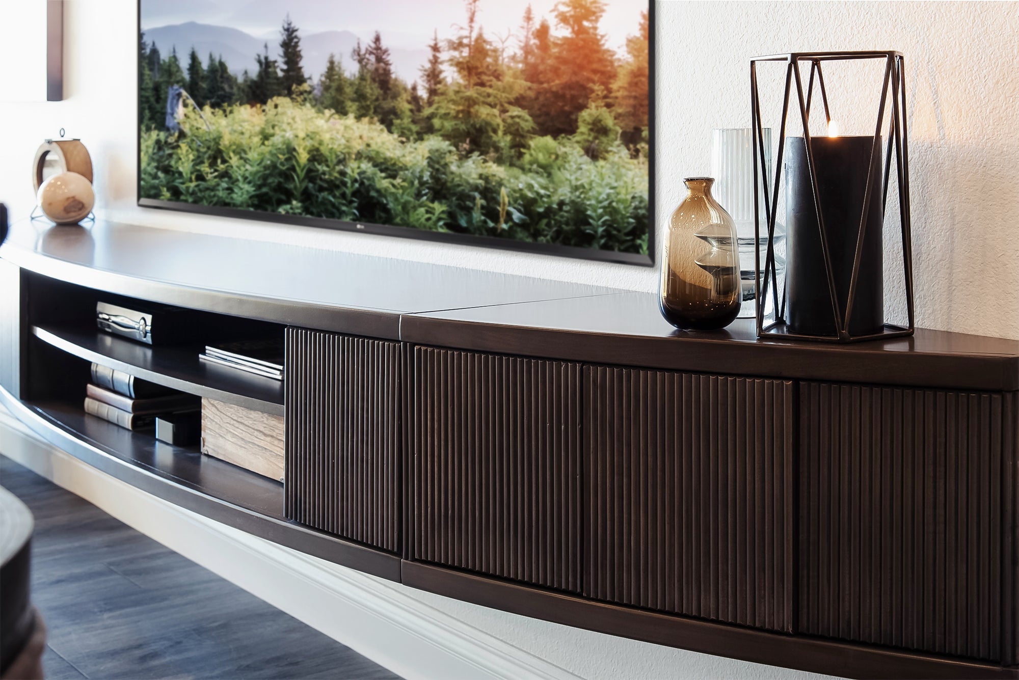 Handcrafted 108" Curved Gray Floating TV Stand Wall Mount Entertainment Center Console - Arc - Greystone