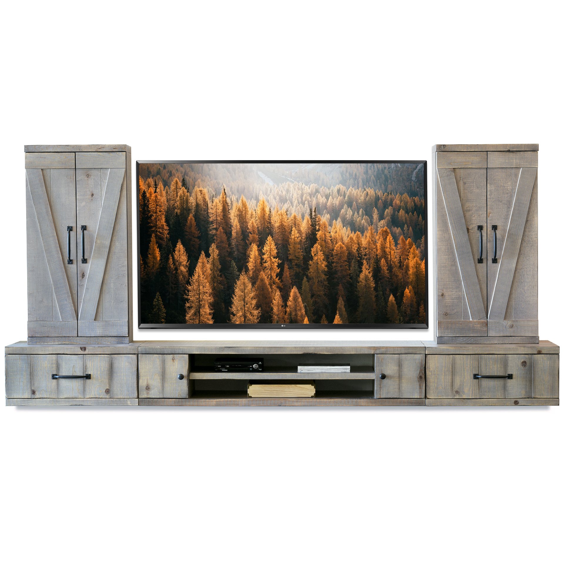Handcrafted 114" Rustic Wood Floating TV Stand Wall Mount Entertainment Center - Pine Creek - Lakewood Gray