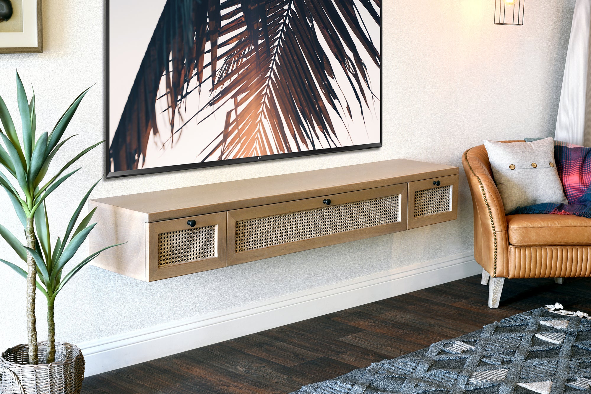 Floating TV Stand - Cane Wall Mount Entertainment Center Rattan Wicker Console - Sugar Cane - Ginger