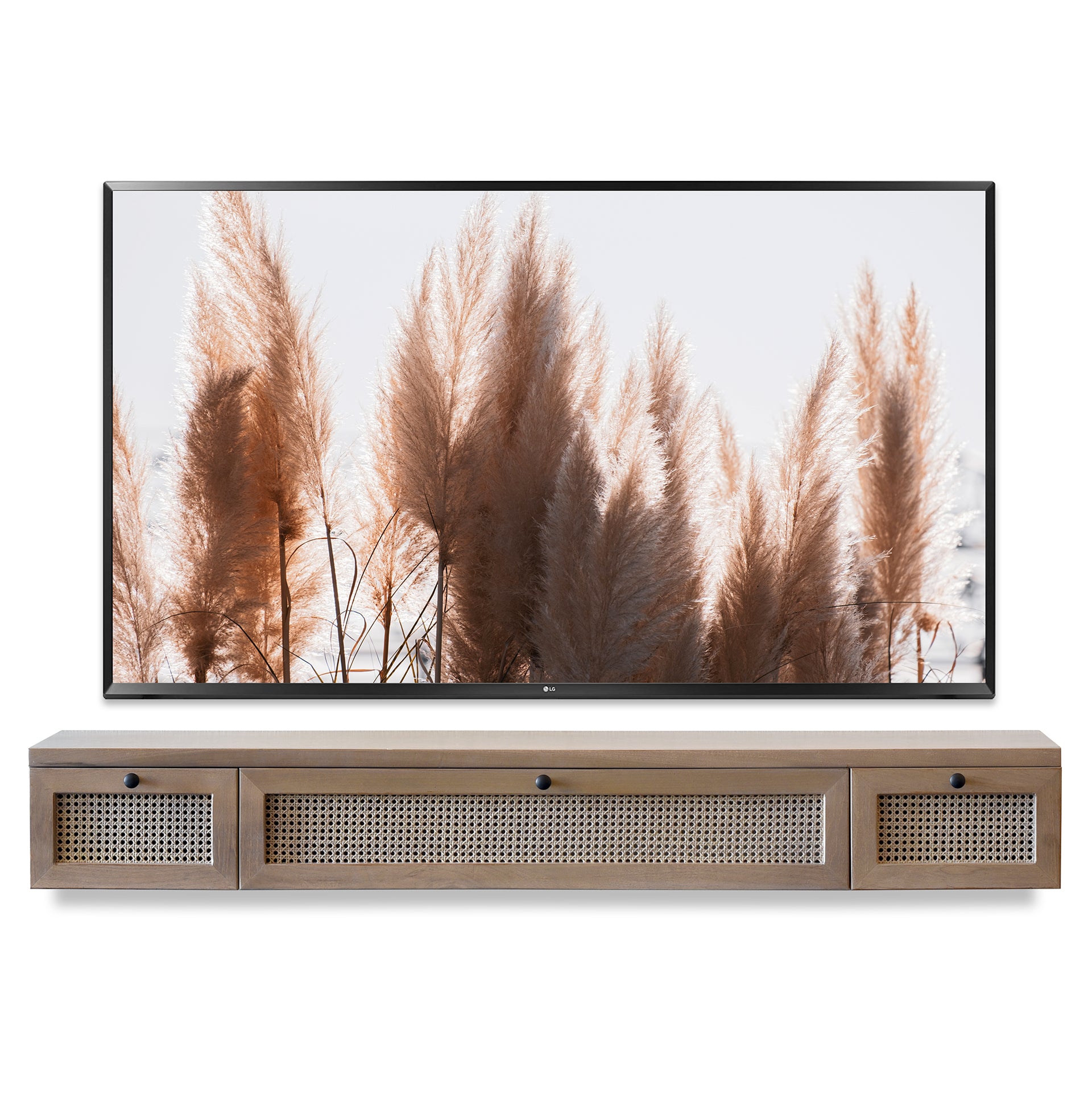 Floating TV Stand - Cane Wall Mount Entertainment Center Rattan Wicker Console - Sugar Cane - Ginger