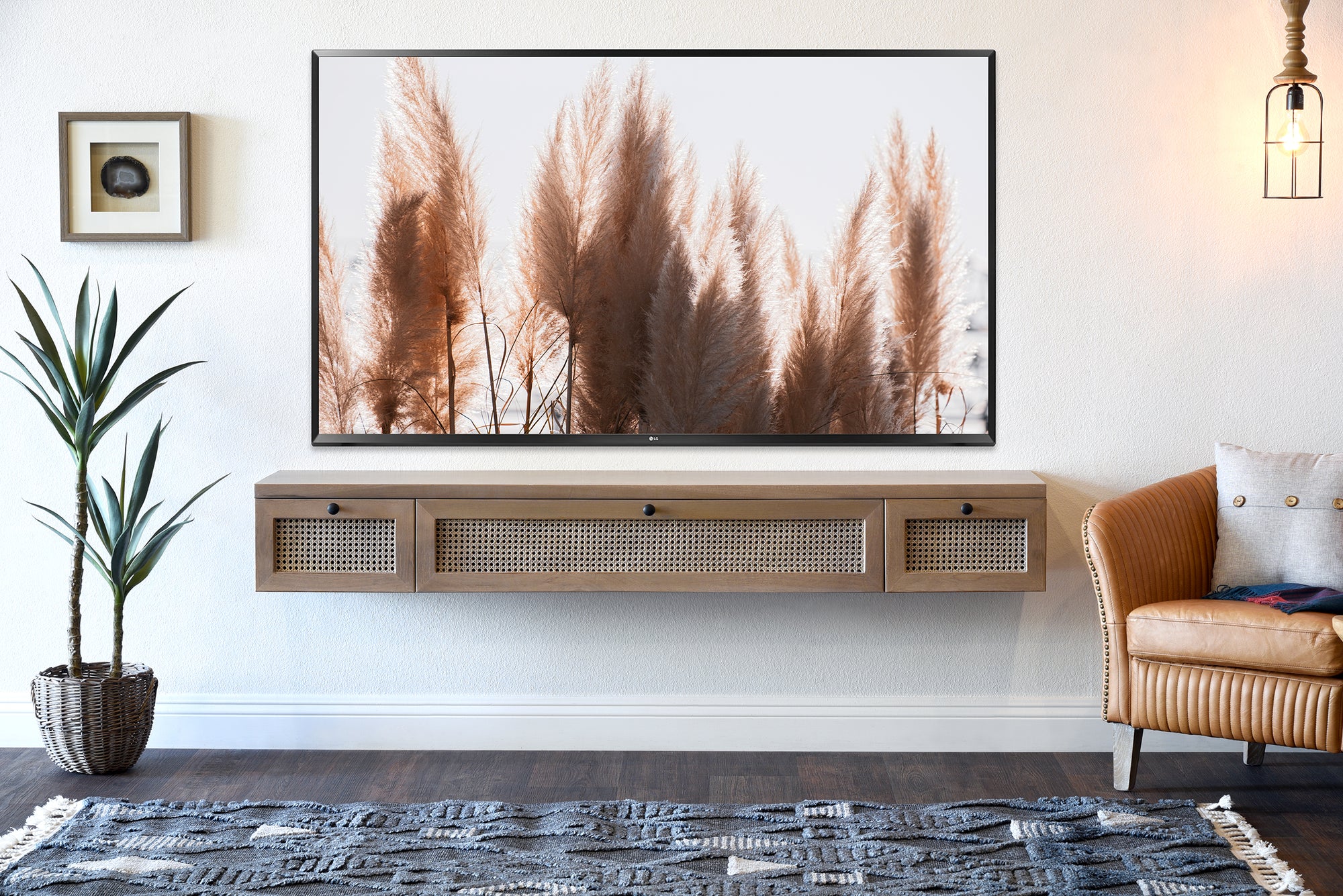 Floating TV Stand - Cane Wall Mount Entertainment Center Rattan Wicker Console - Sugar Cane - Ginger