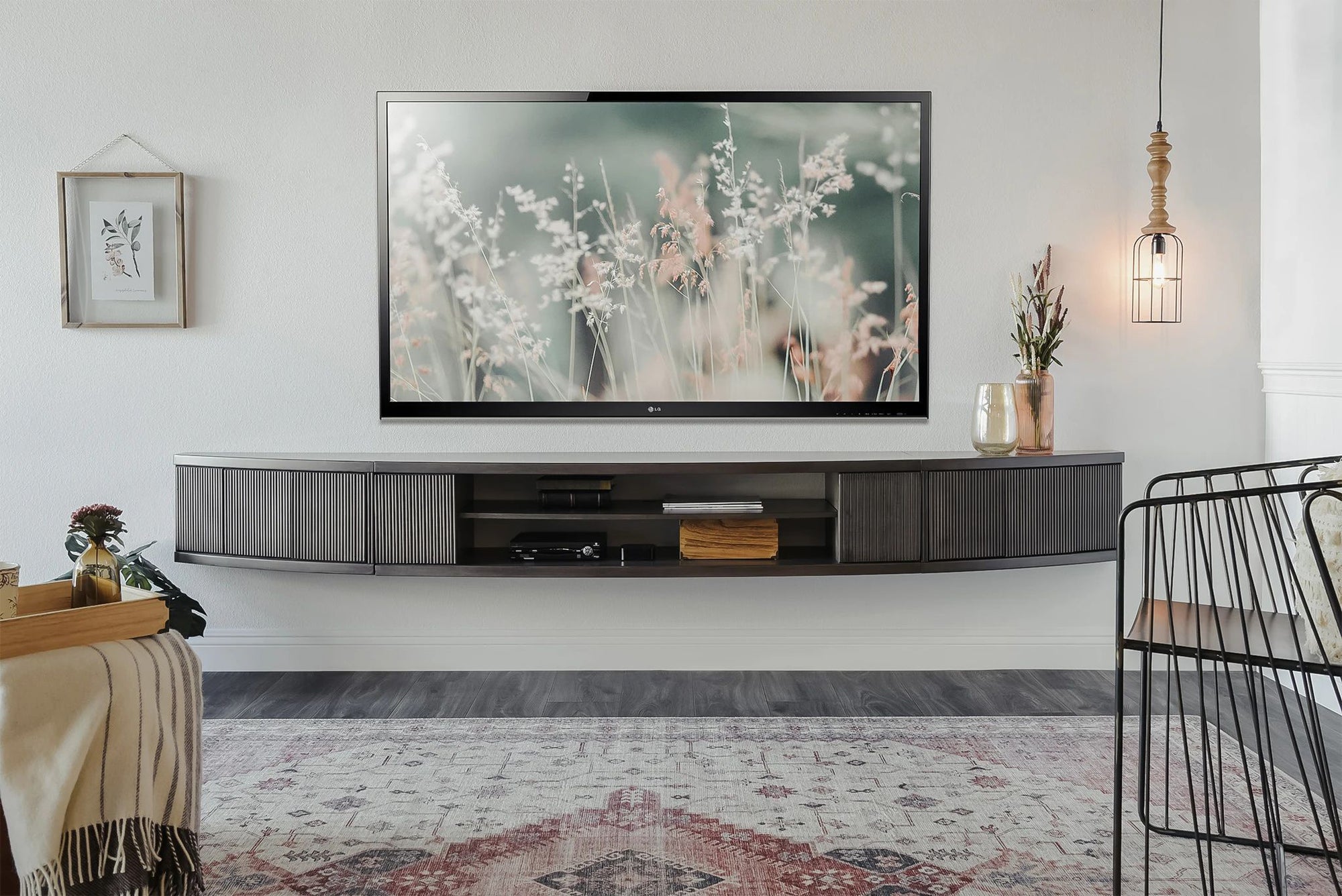 Handcrafted 108" Curved Gray Floating TV Stand Wall Mount Entertainment Center Console - Arc - Greystone