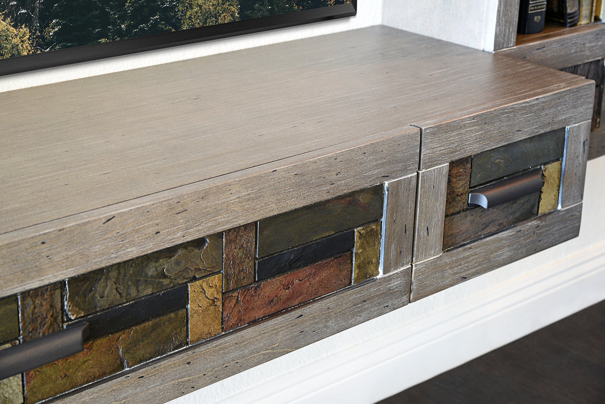 Handcrafted 93" Floating TV Stand Stone Inlay Wall Mount Entertainment Center - Woodstone - Gray Pepper