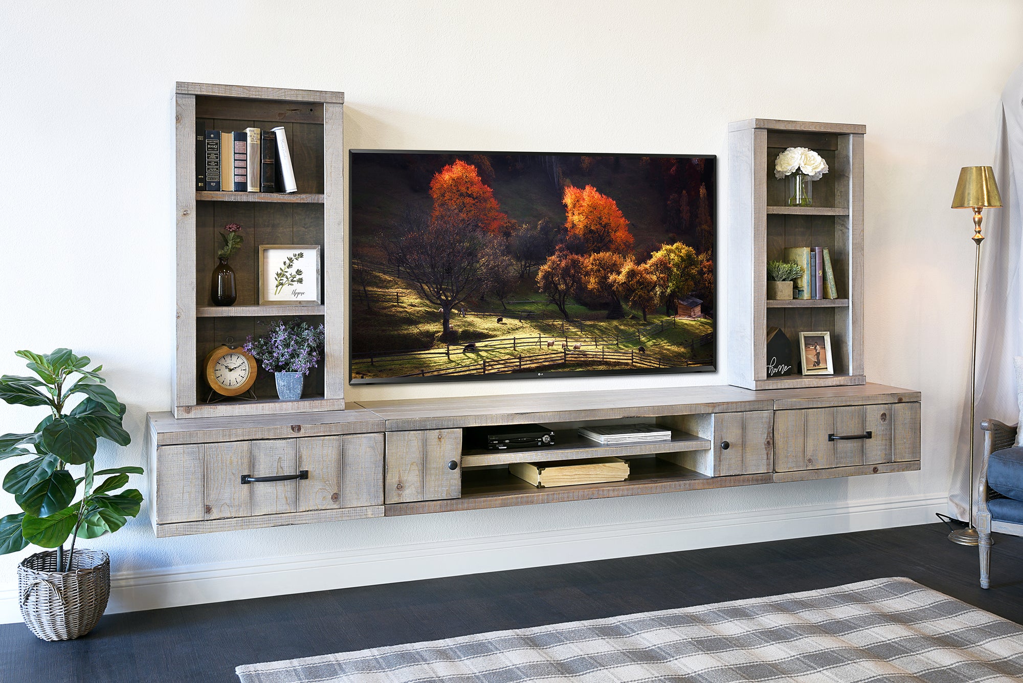 Handmade 114" Rustic Wood Floating TV Stand Wall Mount Entertainment Center - Pine Creek - Lakewood Gray