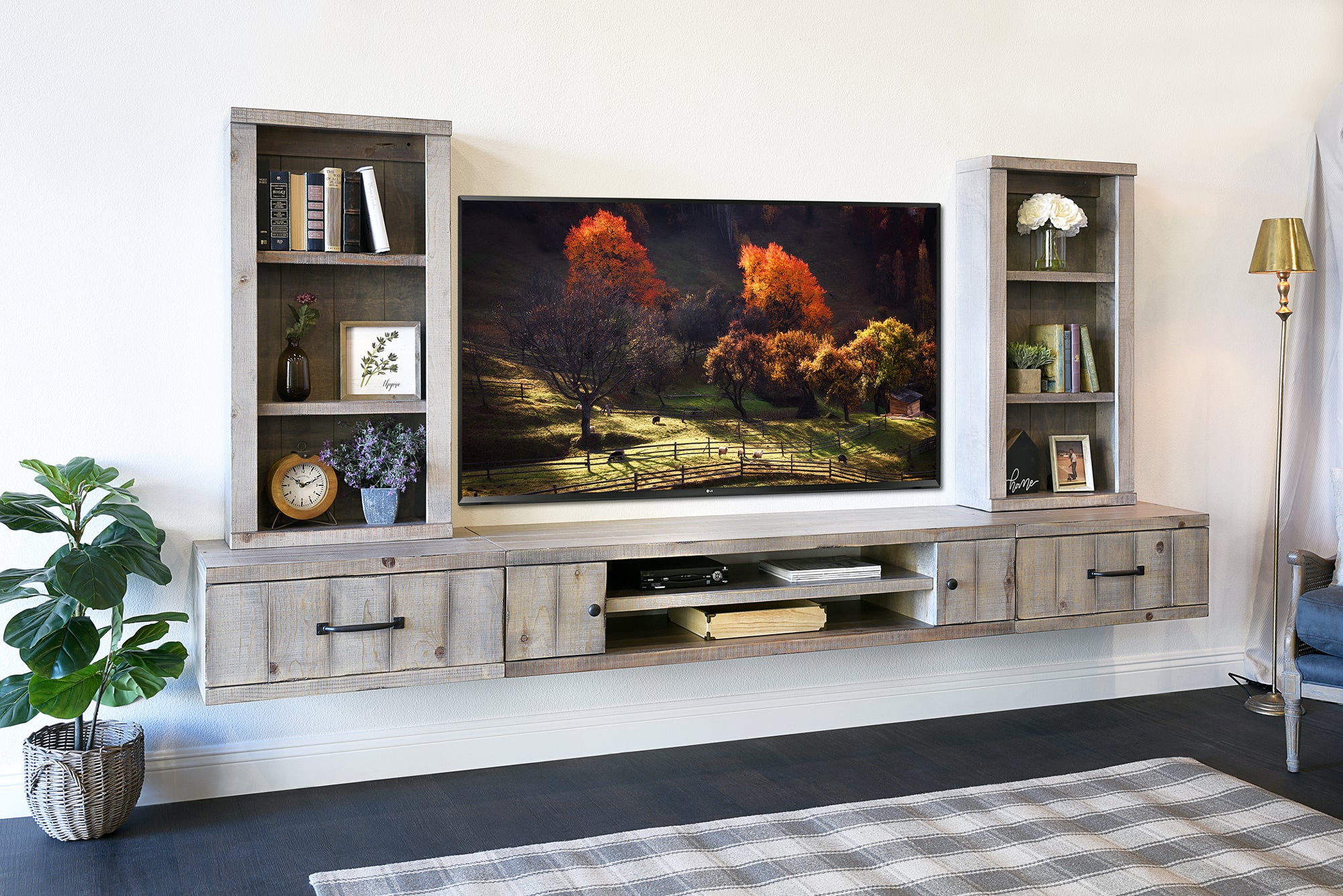 Floating TV Stand - Woodwaves - Rustic Wood Floating Entertainment Center - Farmhouse Collection - Lakewood Gray