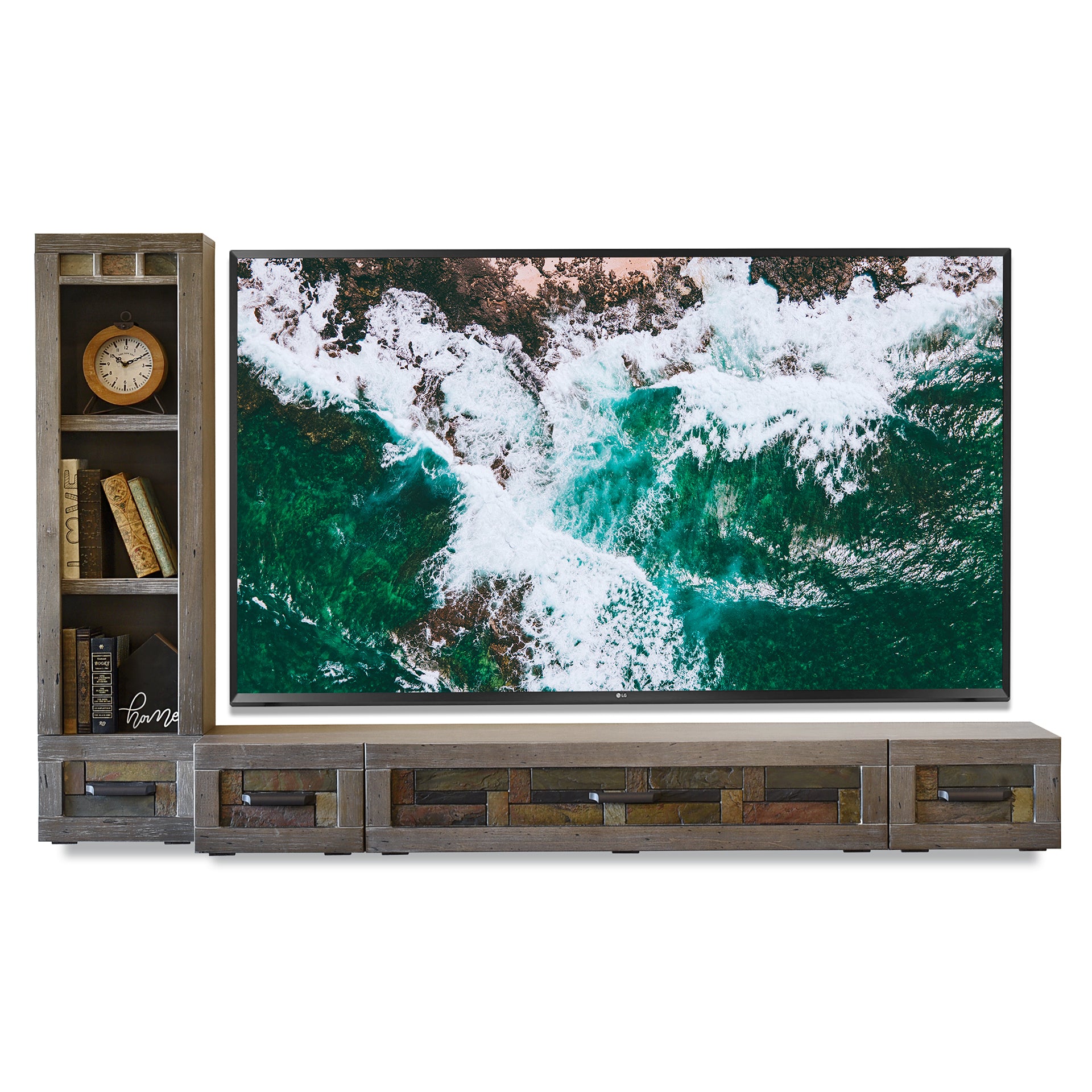 Gray Floating TV Stand Stone Inlay Wall Mount Console With Bookcase - Woodstone - Gray Pepper