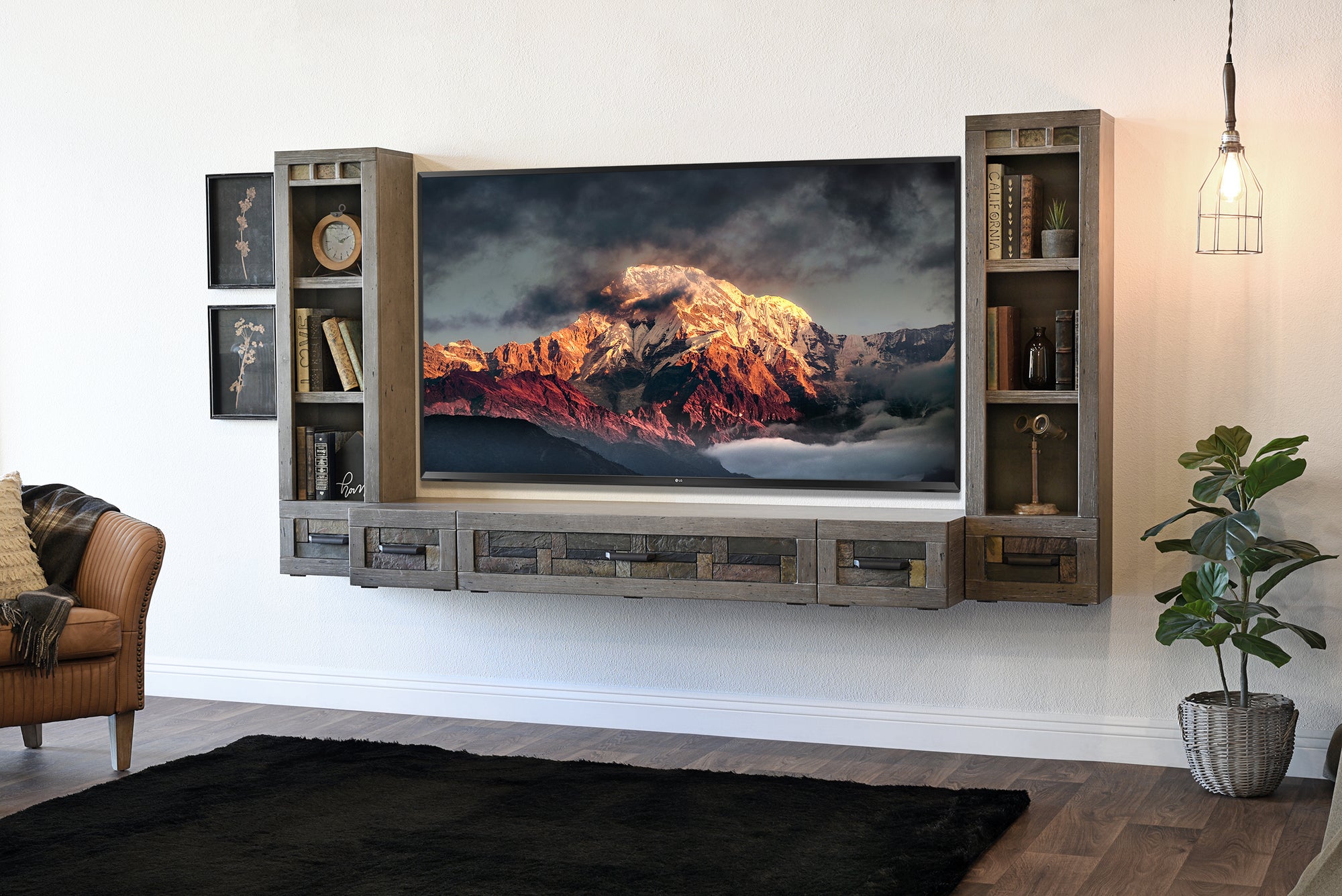 Gray Floating TV Stand Stone Inlay Wall Mount Console With Bookcases - Woodstone - Gray Pepper