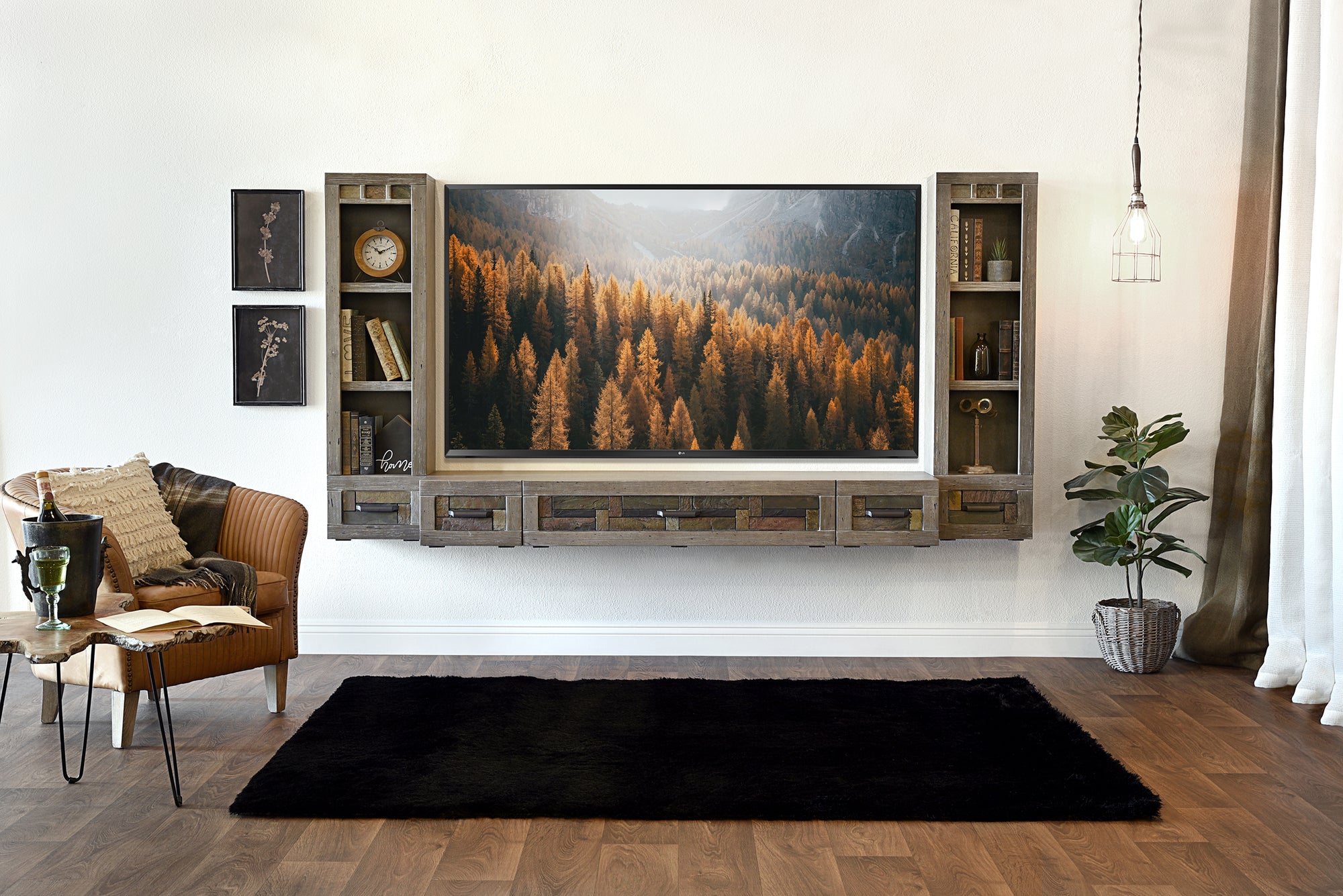 Handcrafted 93" Floating TV Stand Stone Inlay Wall Mount Entertainment Center - Woodstone - Gray Pepper