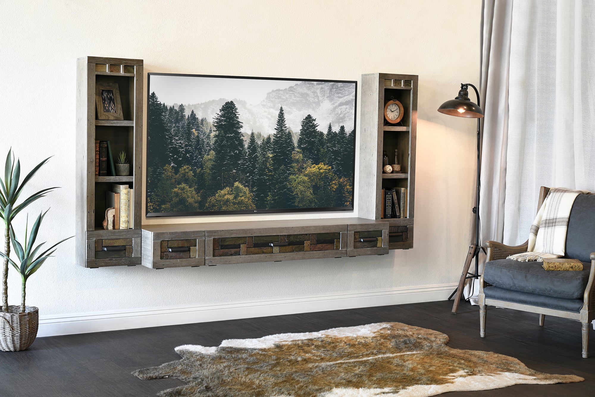 Handcrafted 93" Floating TV Stand Stone Inlay Wall Mount Entertainment Center - Woodstone - Gray Pepper