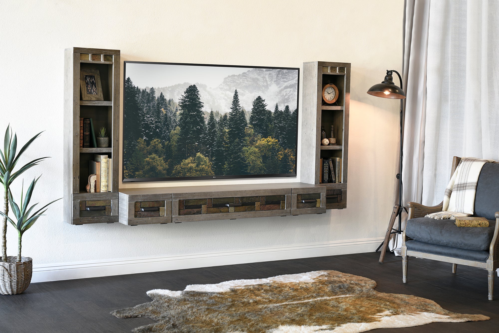 Gray Floating TV Stand Stone Inlay Wall Mount Console With Bookcases - Woodstone - Gray Pepper