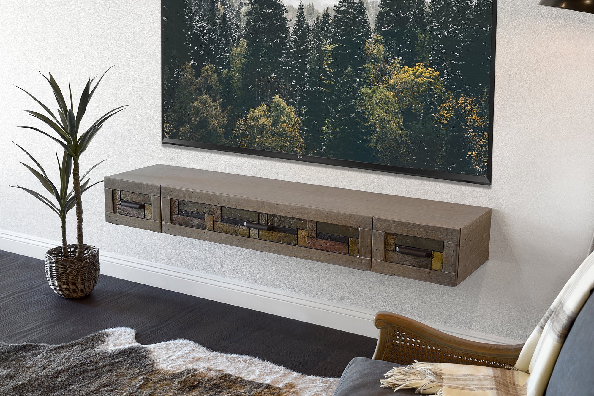 Gray Floating TV Stand Stone Inlay Wall Mount Console - Woodstone - Gray Pepper