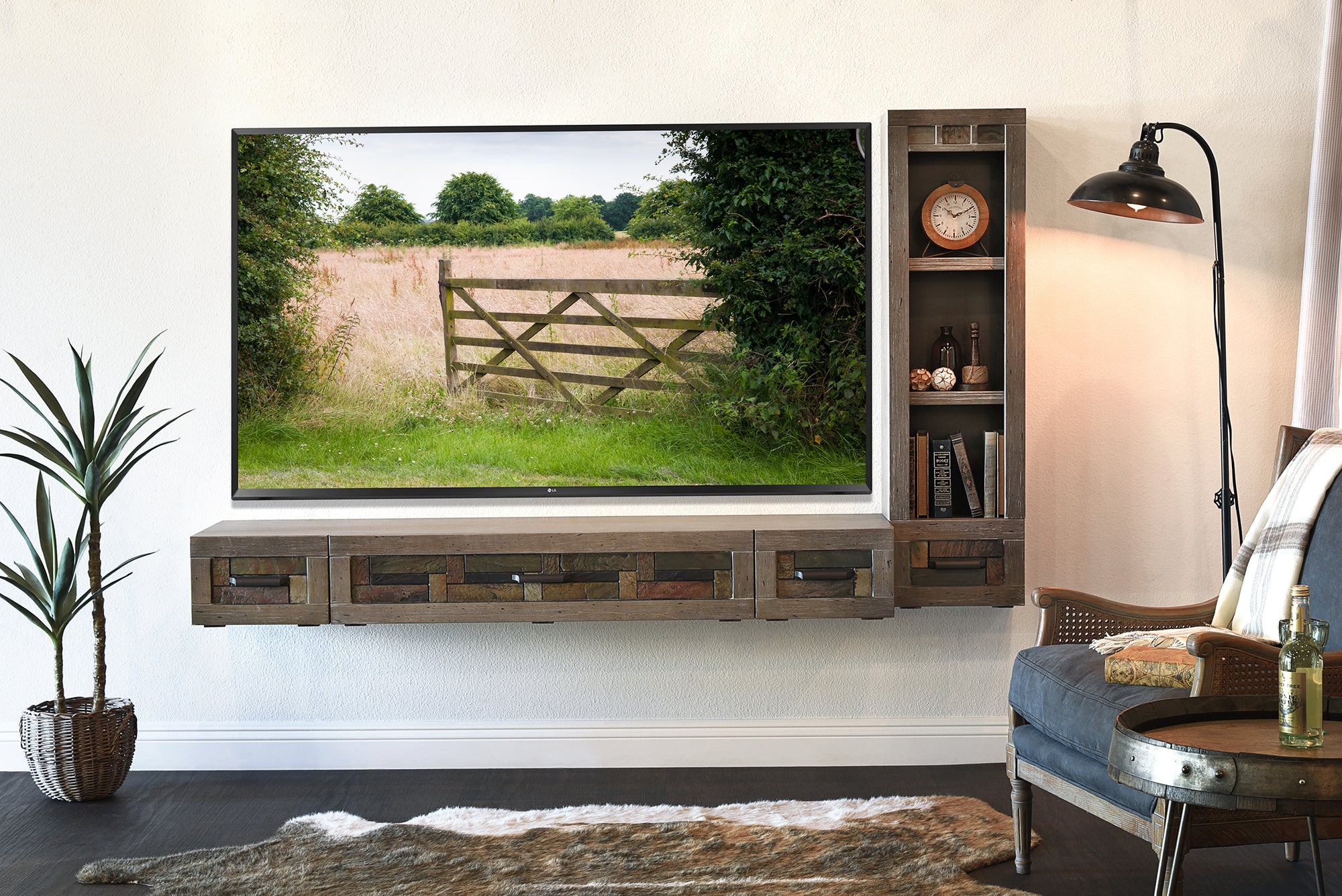 Gray Floating TV Stand Stone Inlay Wall Mount Console With Bookcase - Woodstone - Gray Pepper