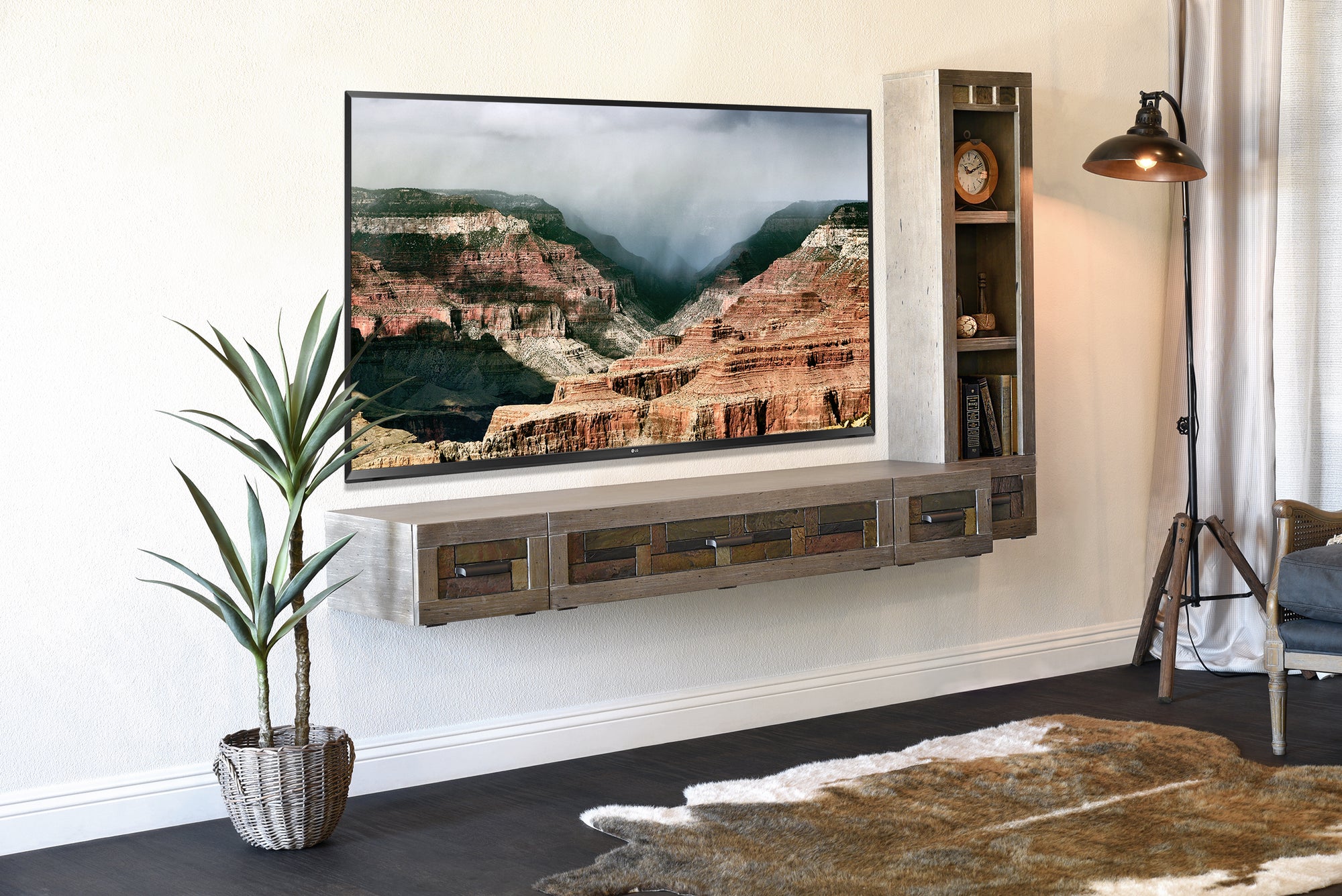 Gray Floating TV Stand Stone Inlay Wall Mount Console With Bookcase - Woodstone - Gray Pepper