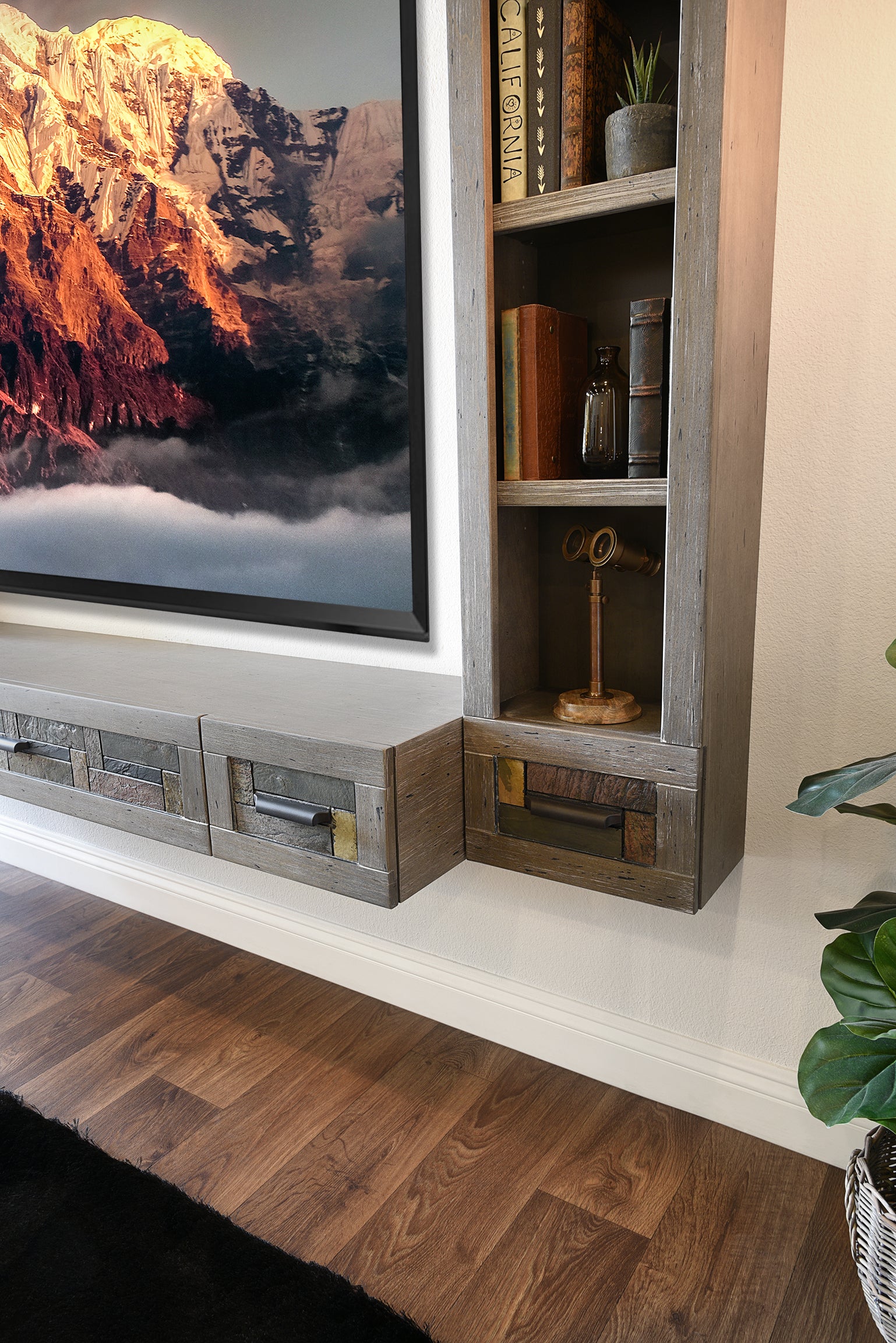 Gray Floating TV Stand Stone Inlay Wall Mount Console With Bookcases - Woodstone - Gray Pepper