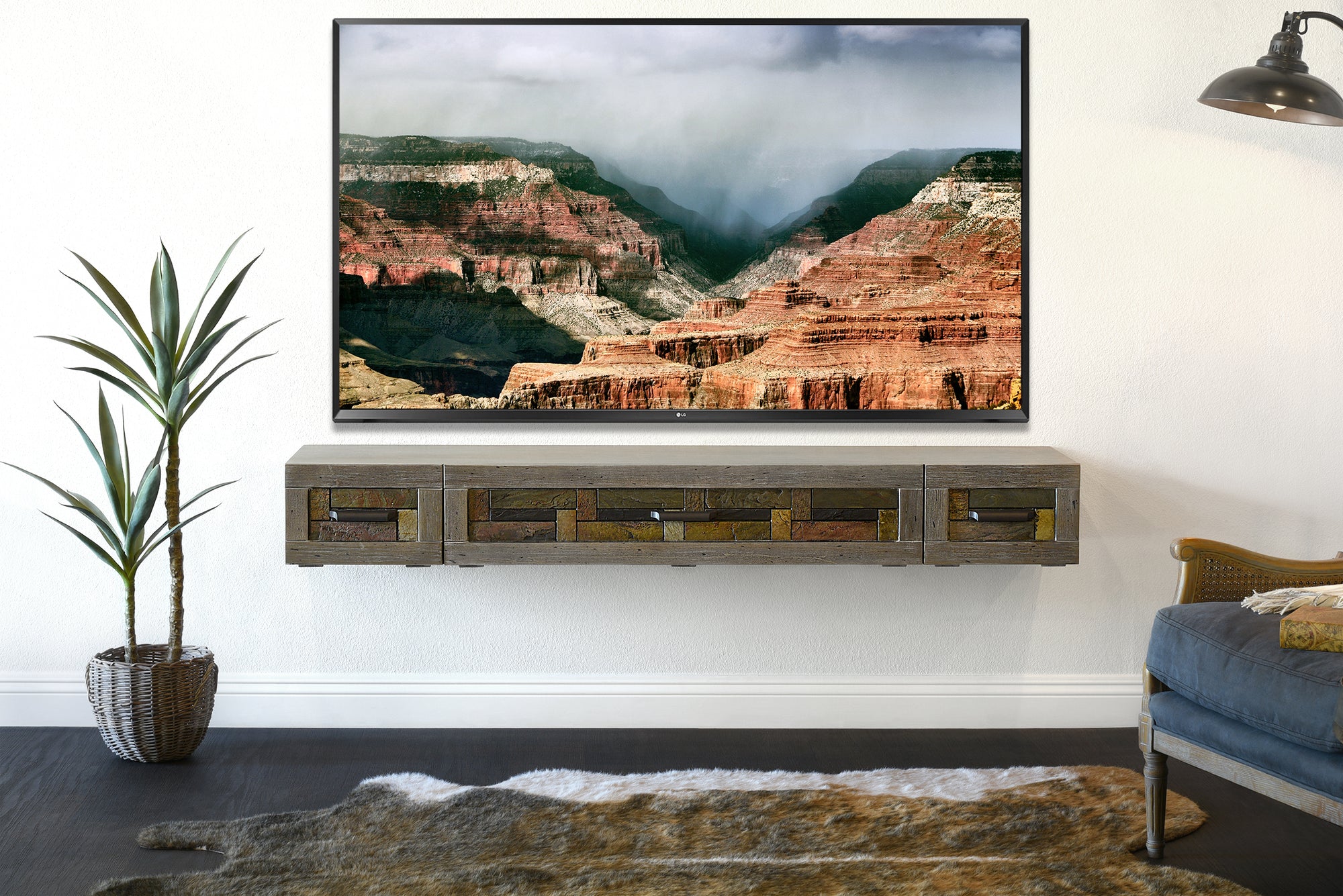 Gray Floating TV Stand Stone Inlay Wall Mount Console - Woodstone - Gray Pepper