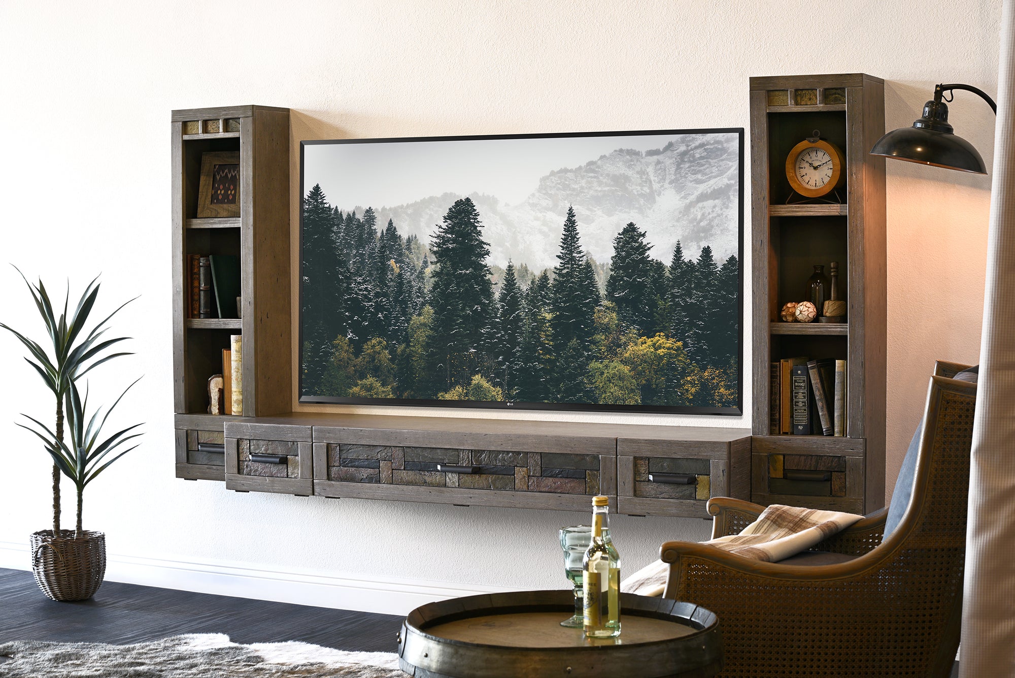 Handcrafted 93" Floating TV Stand Stone Inlay Wall Mount Entertainment Center - Woodstone - Gray Pepper
