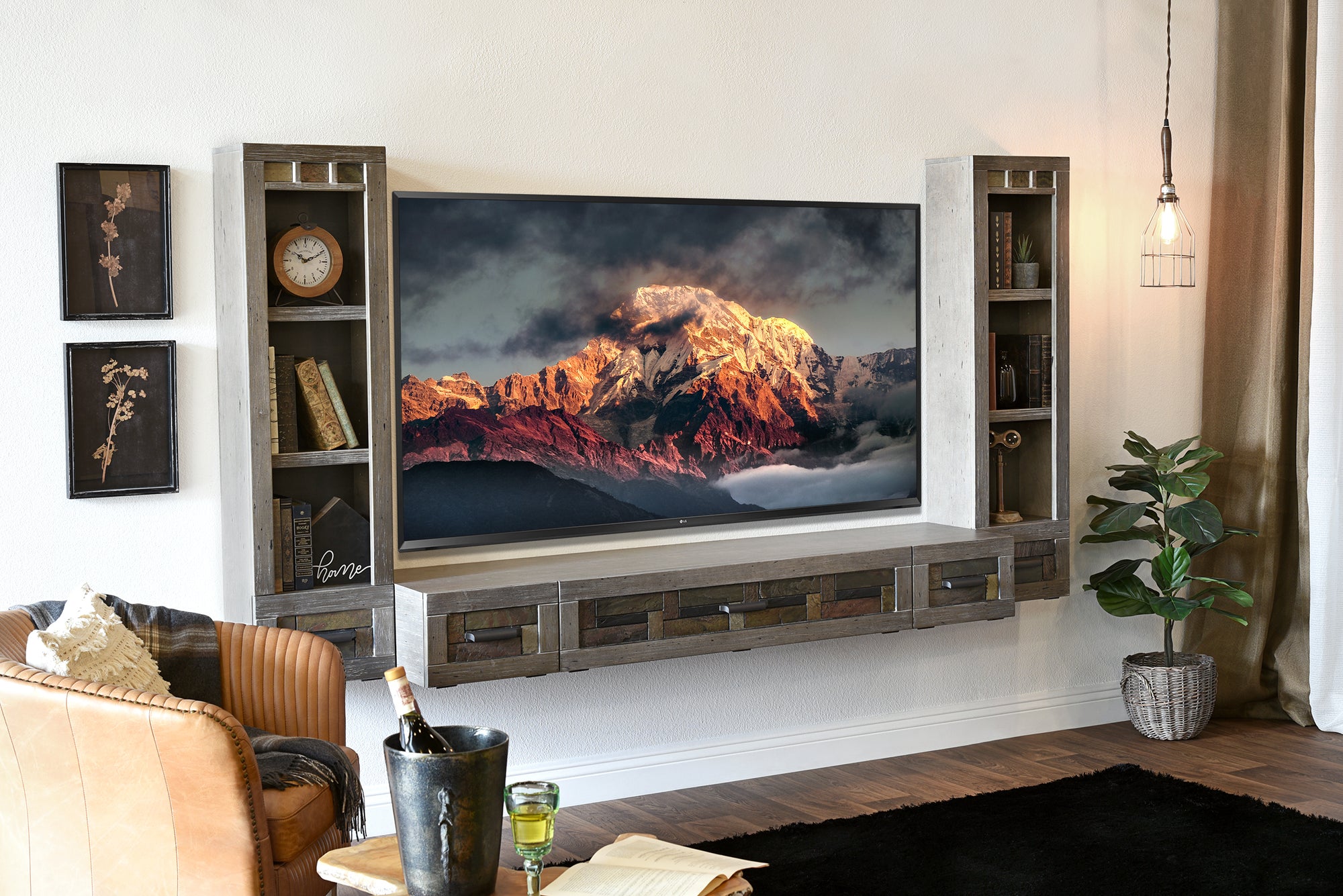 Handcrafted 93" Floating TV Stand Stone Inlay Wall Mount Entertainment Center - Woodstone - Gray Pepper