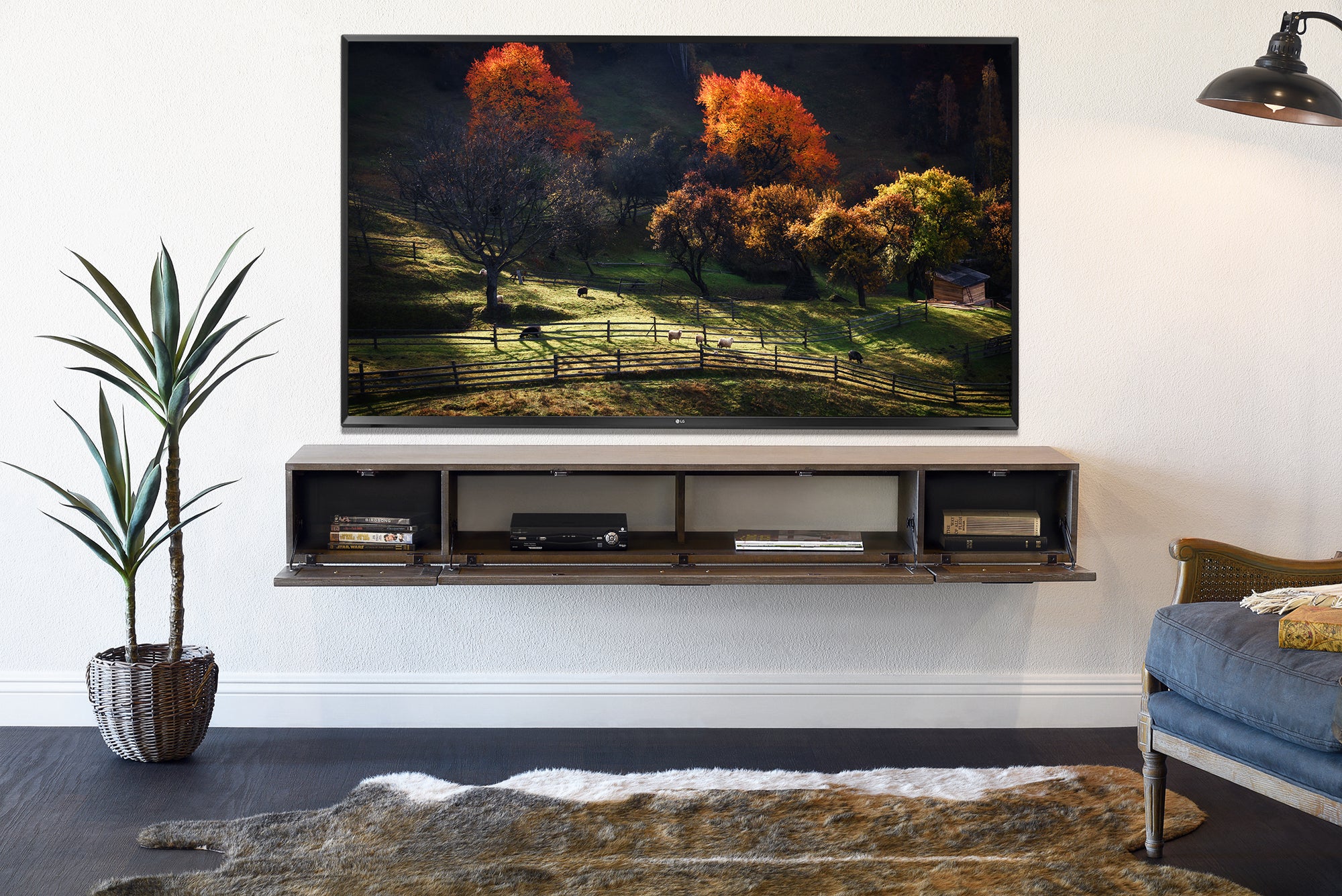 Gray Floating TV Stand Stone Inlay Wall Mount Console - Woodstone - Gray Pepper