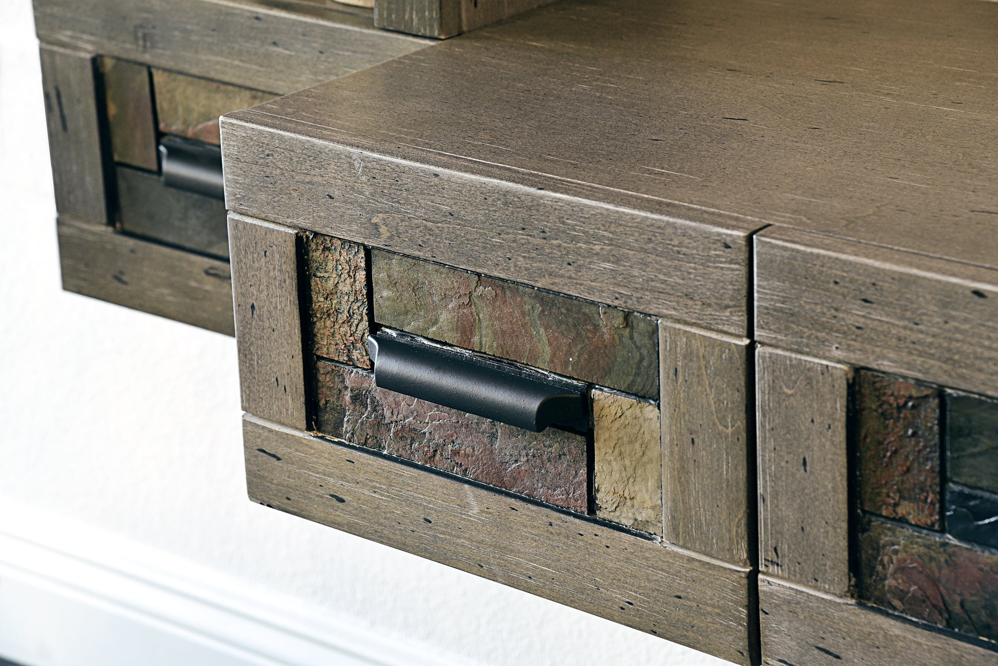 Handcrafted 93" Floating TV Stand Stone Inlay Wall Mount Entertainment Center - Woodstone - Gray Pepper