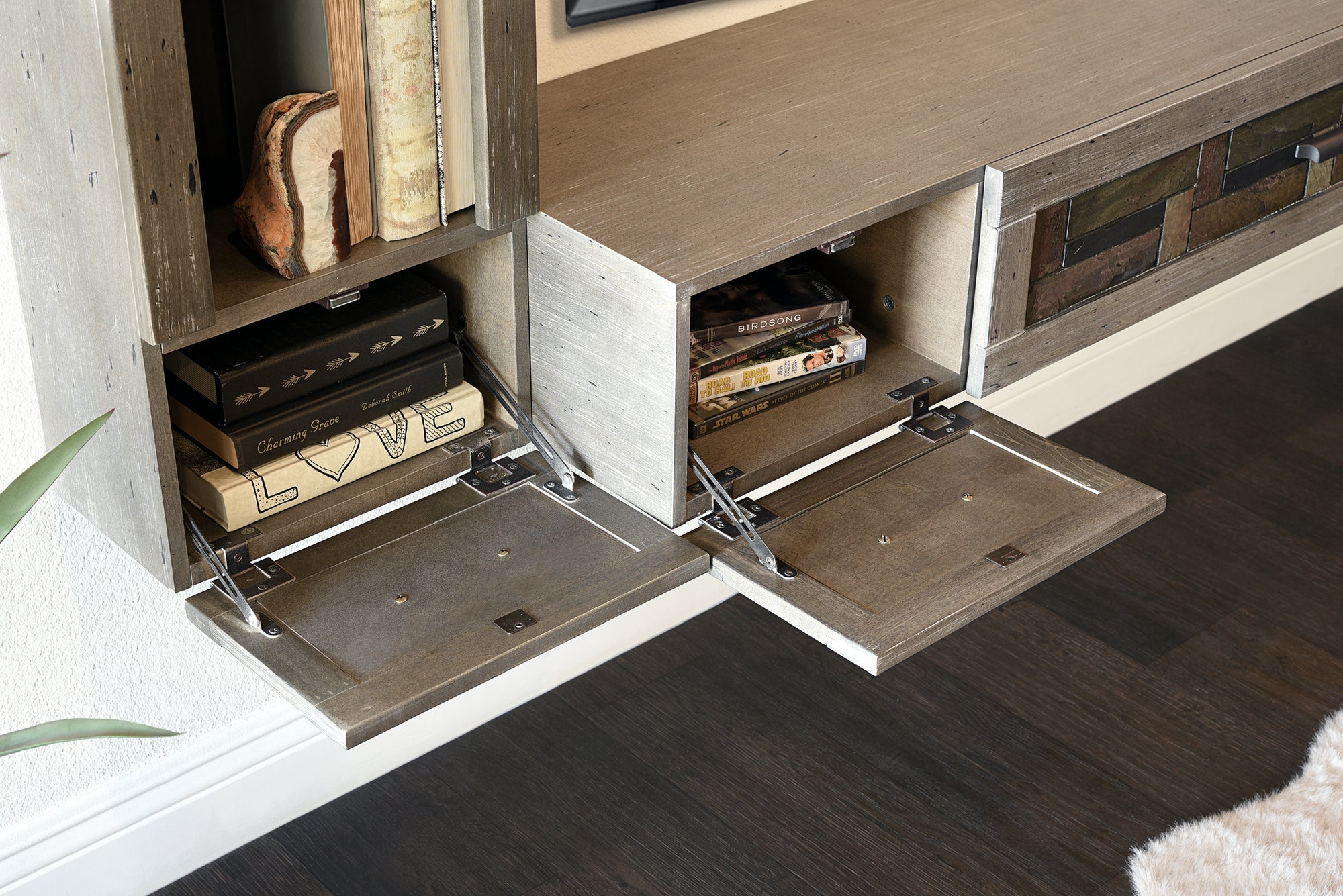 Handcrafted 93" Floating TV Stand Stone Inlay Wall Mount Entertainment Center - Woodstone - Gray Pepper