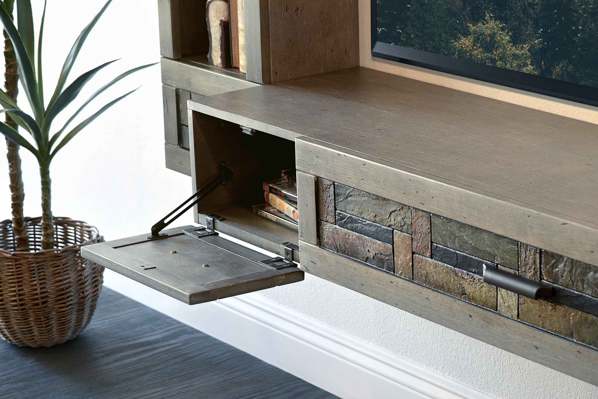 Handcrafted 93" Floating TV Stand Stone Inlay Wall Mount Entertainment Center - Woodstone - Gray Pepper