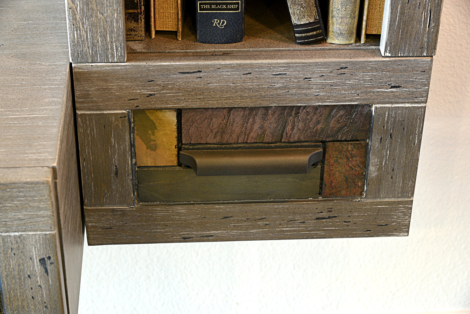 Handcrafted 93" Floating TV Stand Stone Inlay Wall Mount Entertainment Center - Woodstone - Gray Pepper
