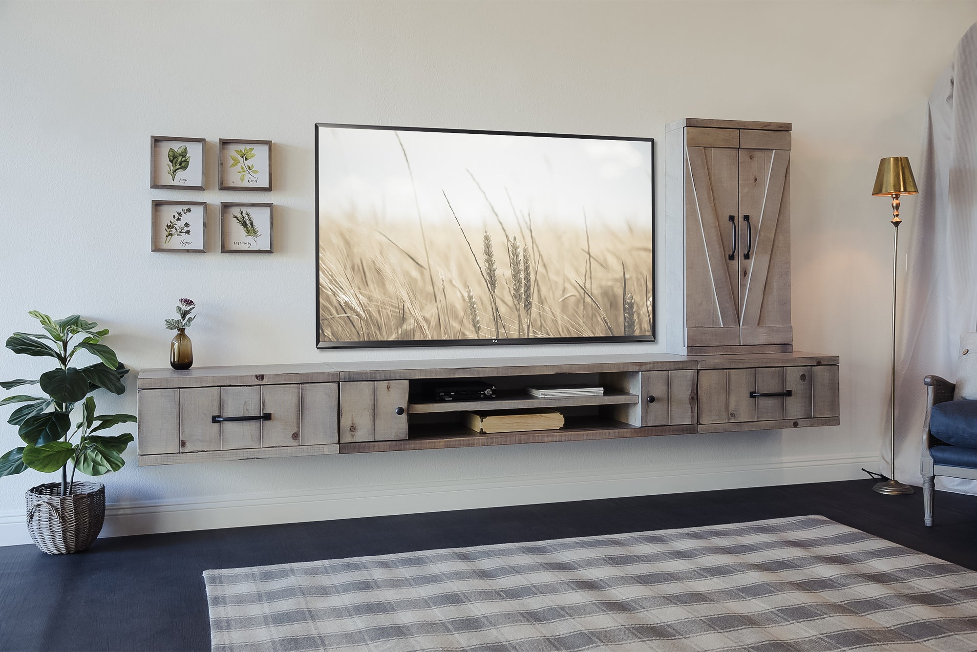 Gray Rustic Farmhouse Barn Door Floating Entertainment Center TV Stand - Lakewood