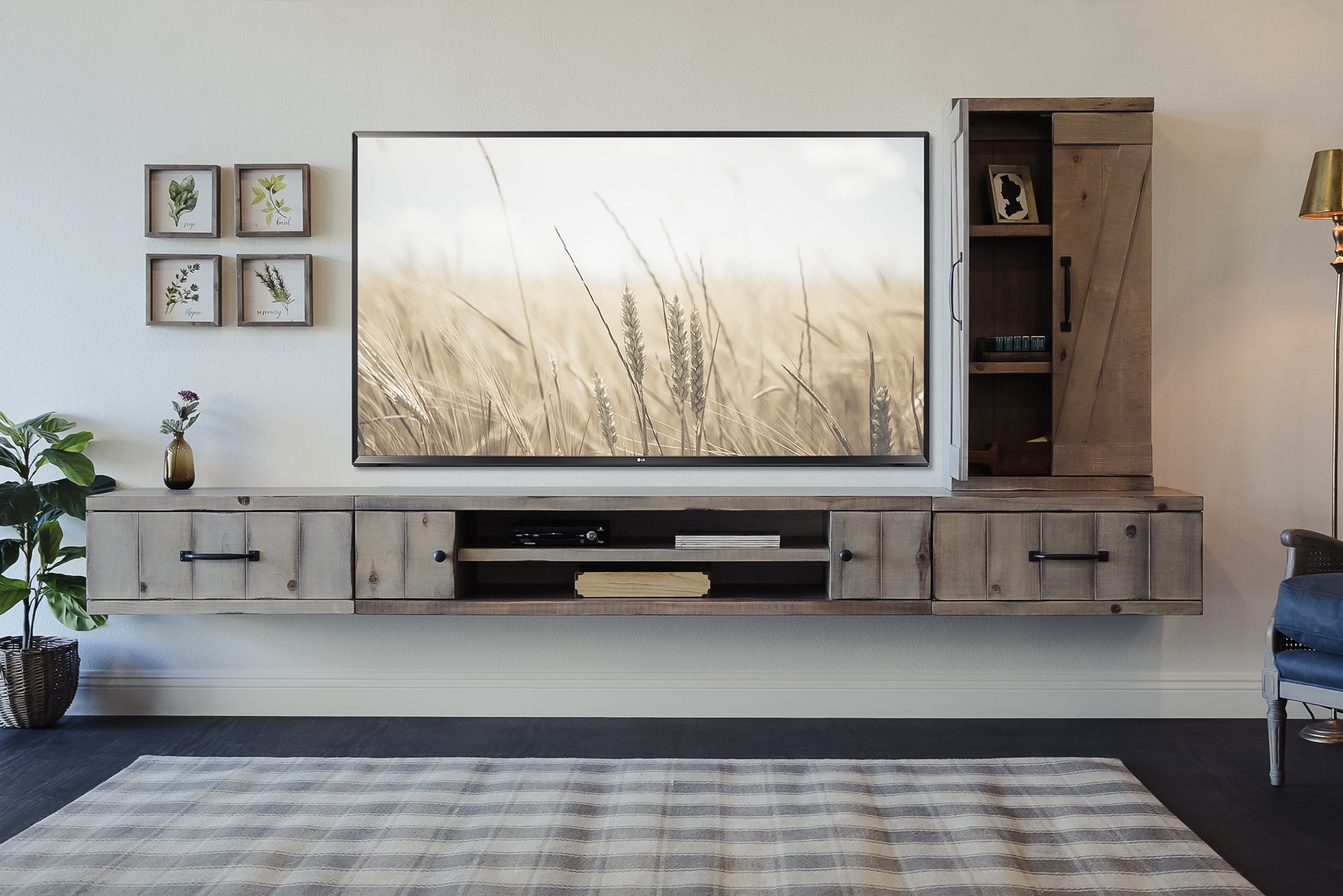 Gray Rustic Farmhouse Barn Door Floating Entertainment Center TV Stand - Lakewood