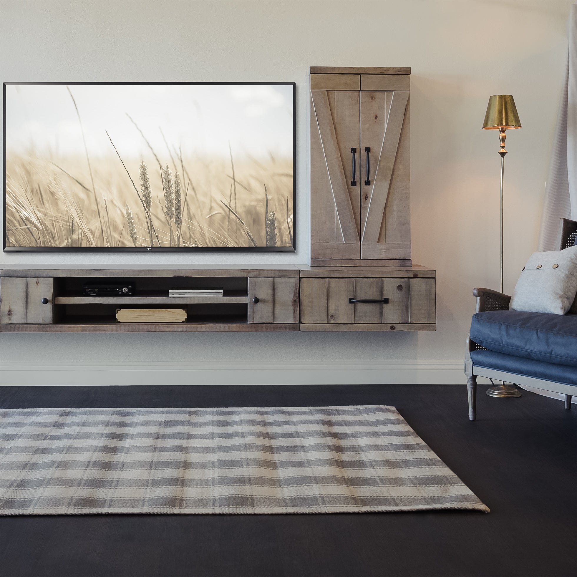 Gray Rustic Farmhouse Barn Door Floating Entertainment Center TV Stand - Lakewood