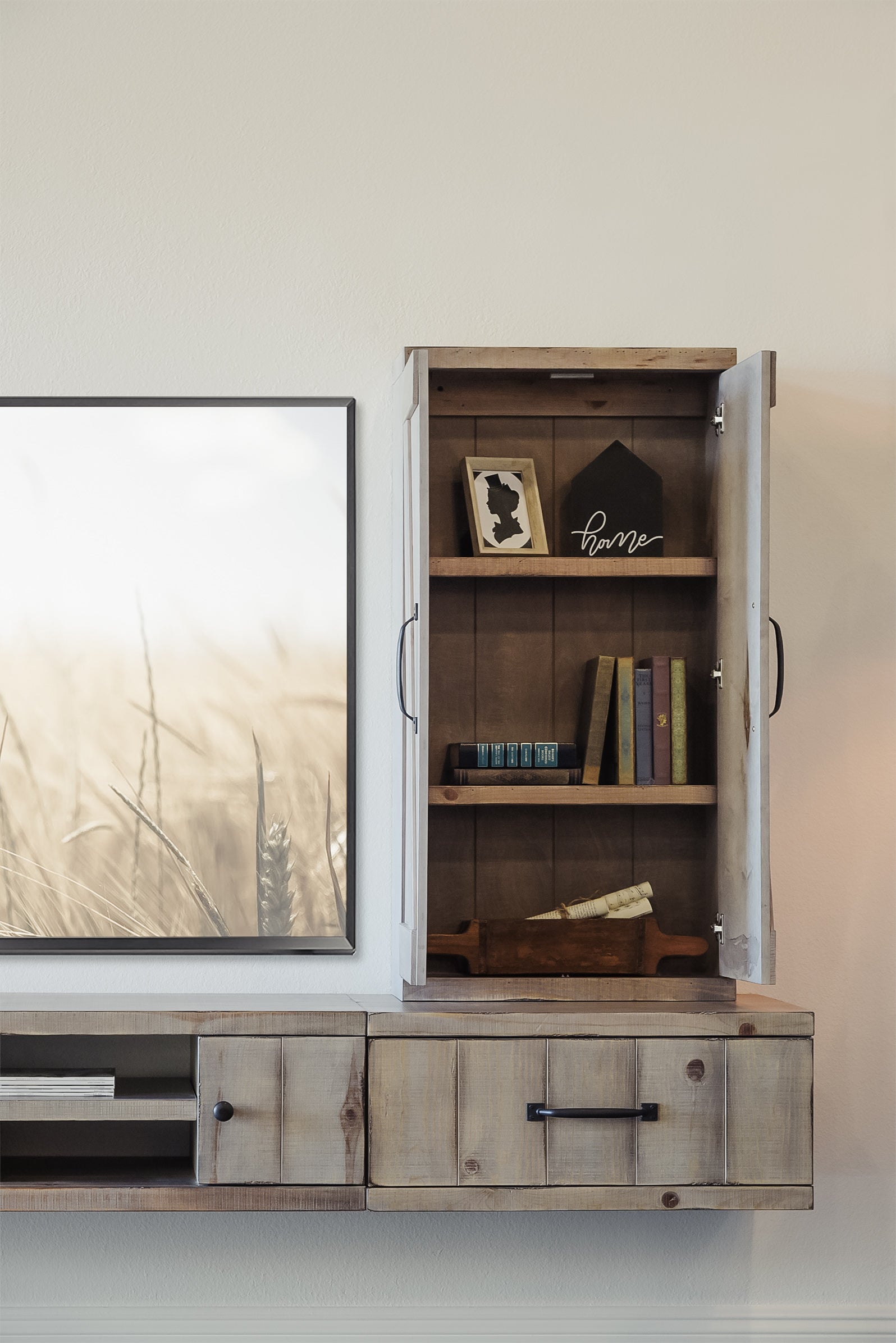 Gray Rustic Farmhouse Barn Door Floating Entertainment Center TV Stand - Lakewood