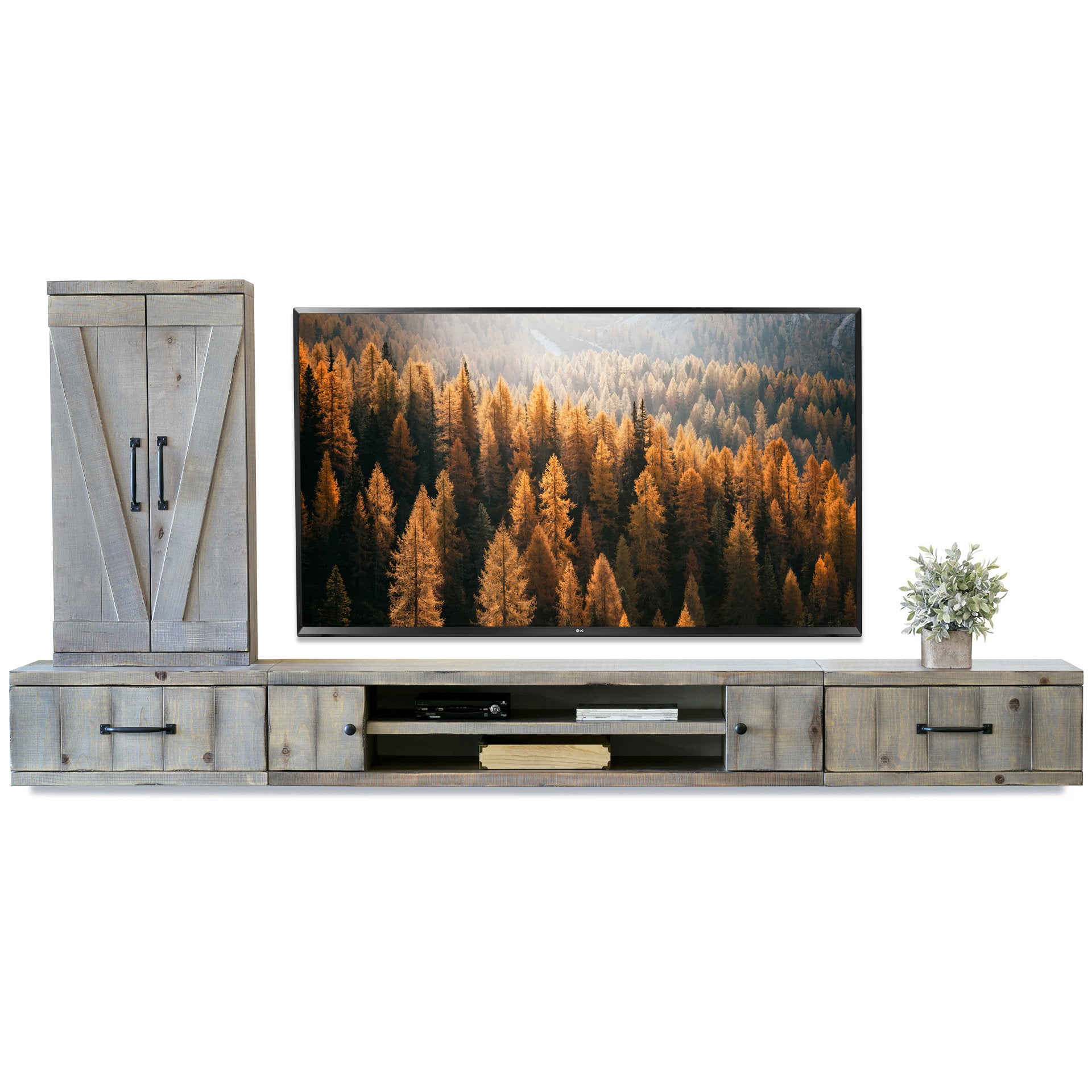 Gray Rustic Farmhouse Barn Door Floating Entertainment Center TV Stand - Lakewood