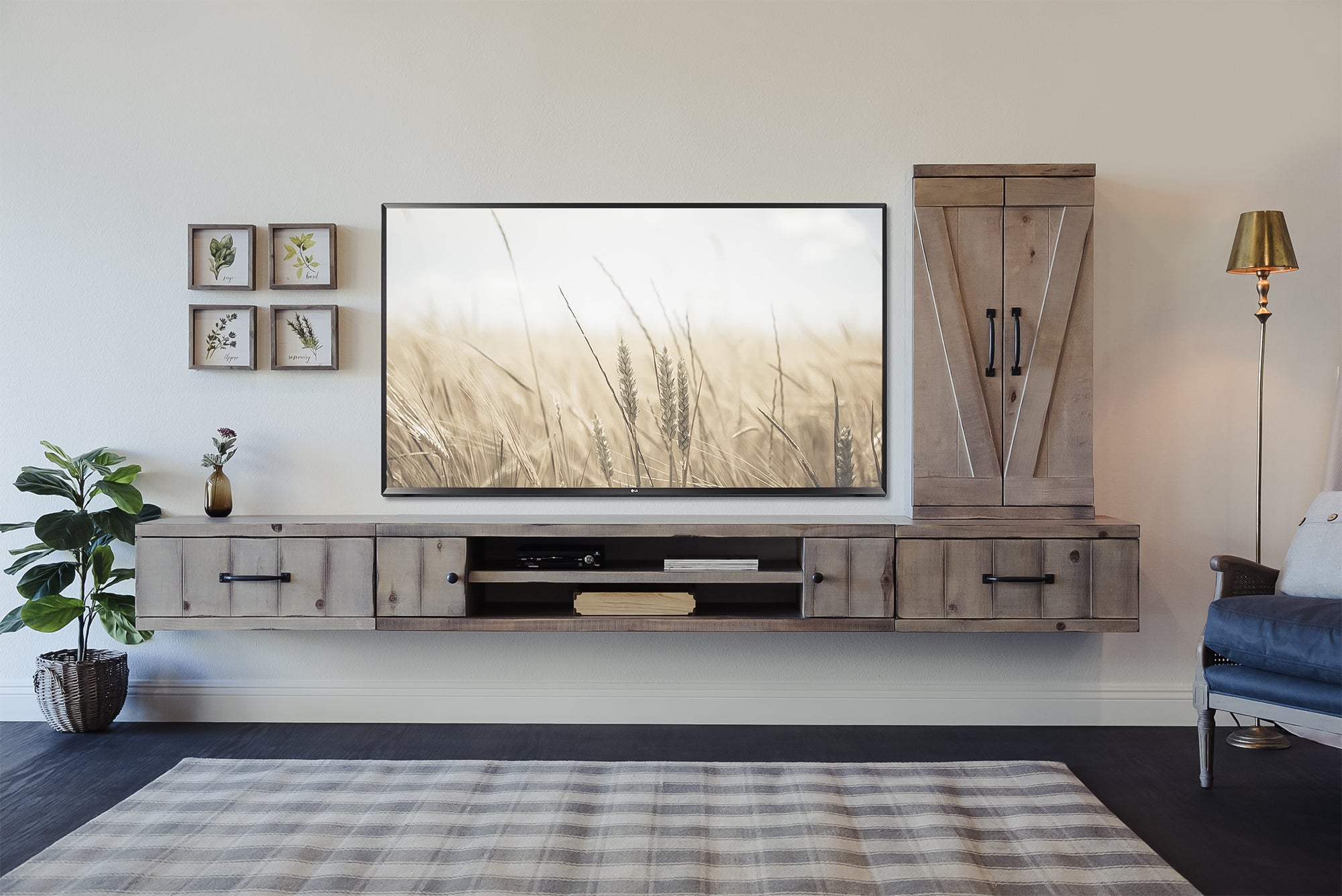 Gray Rustic Farmhouse Barn Door Floating Entertainment Center TV Stand - Lakewood