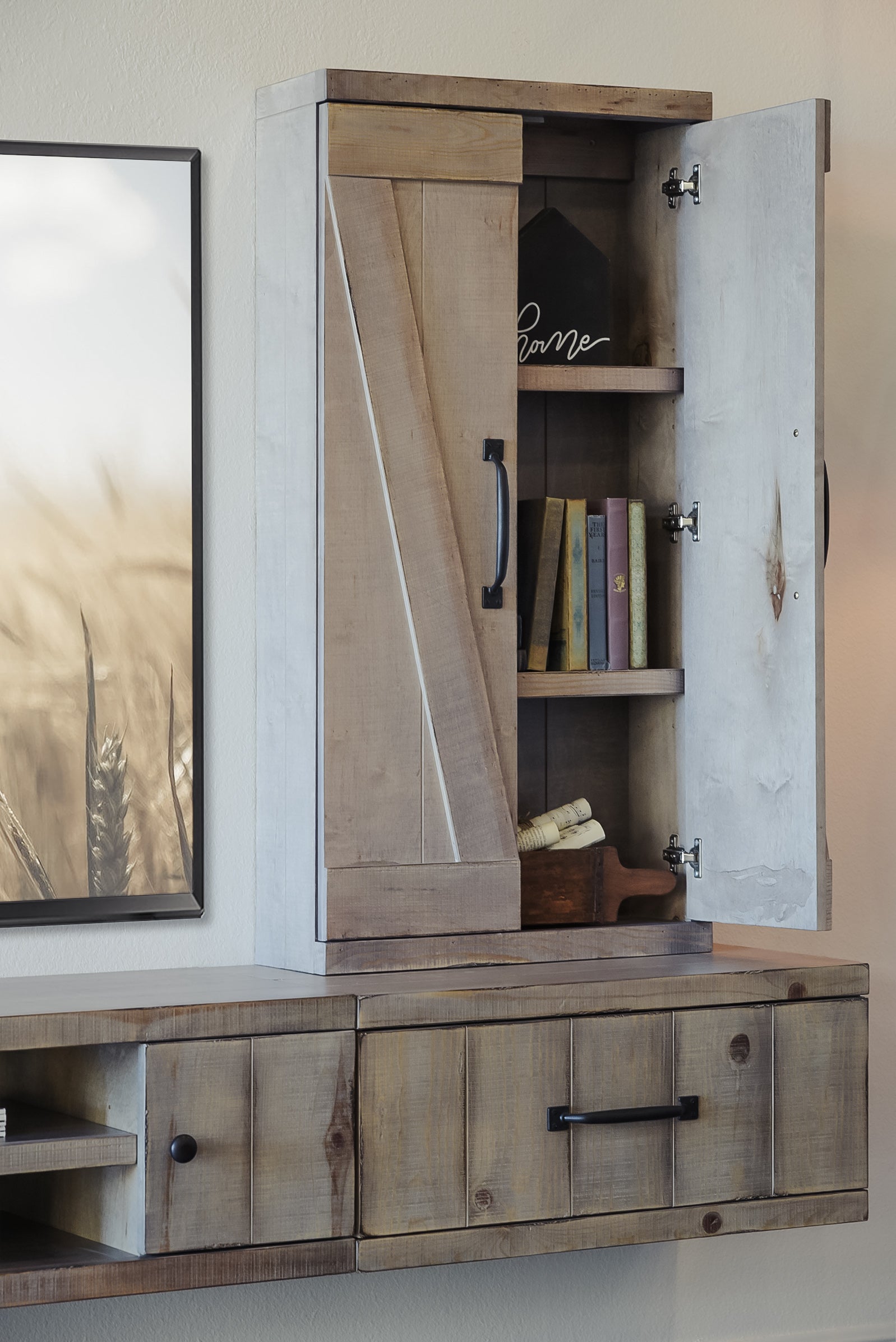Gray Rustic Farmhouse Barn Door Floating Entertainment Center TV Stand - Lakewood