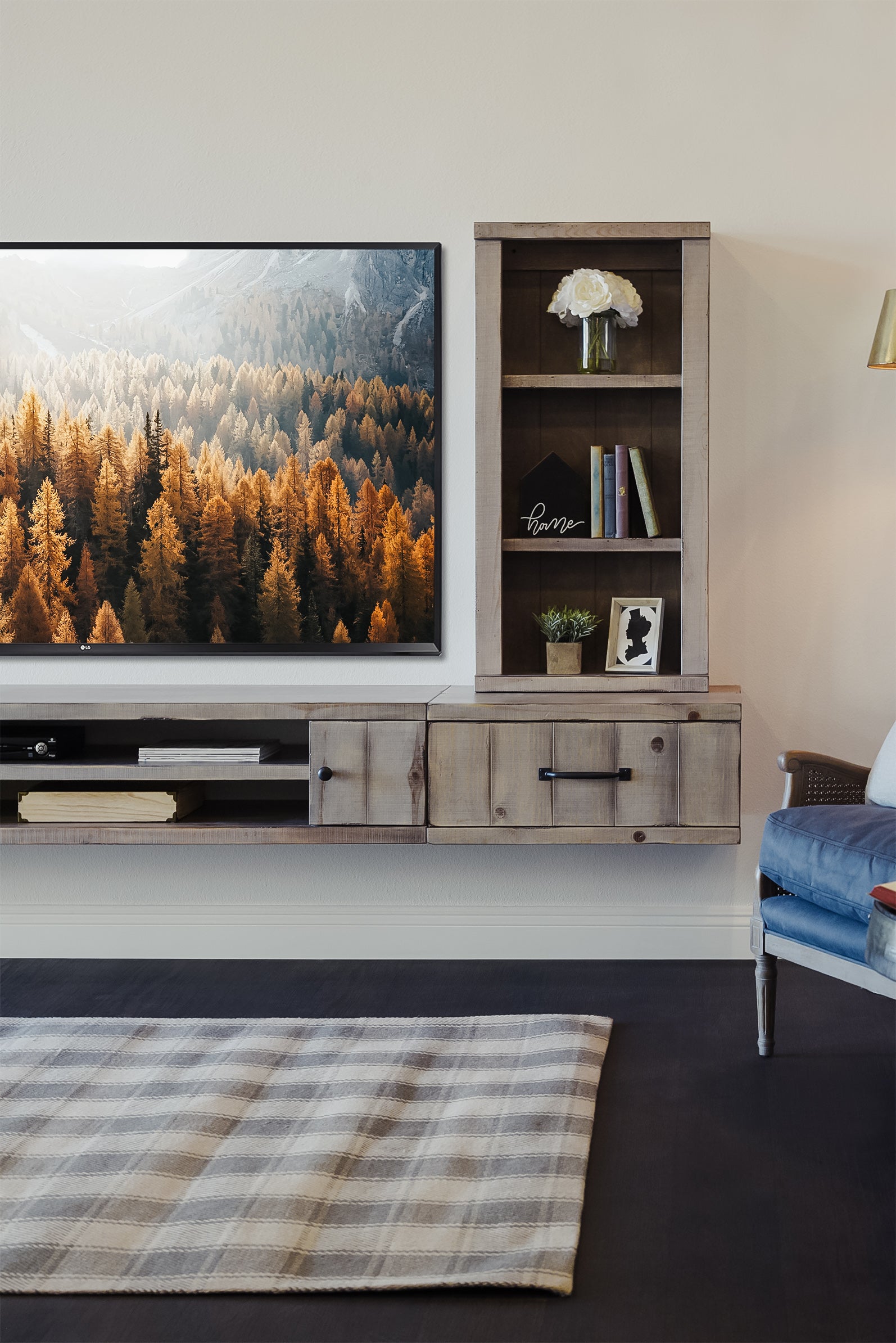Gray Rustic Floating TV Stand Farmhouse Bookcase Entertainment Center - Lakewood
