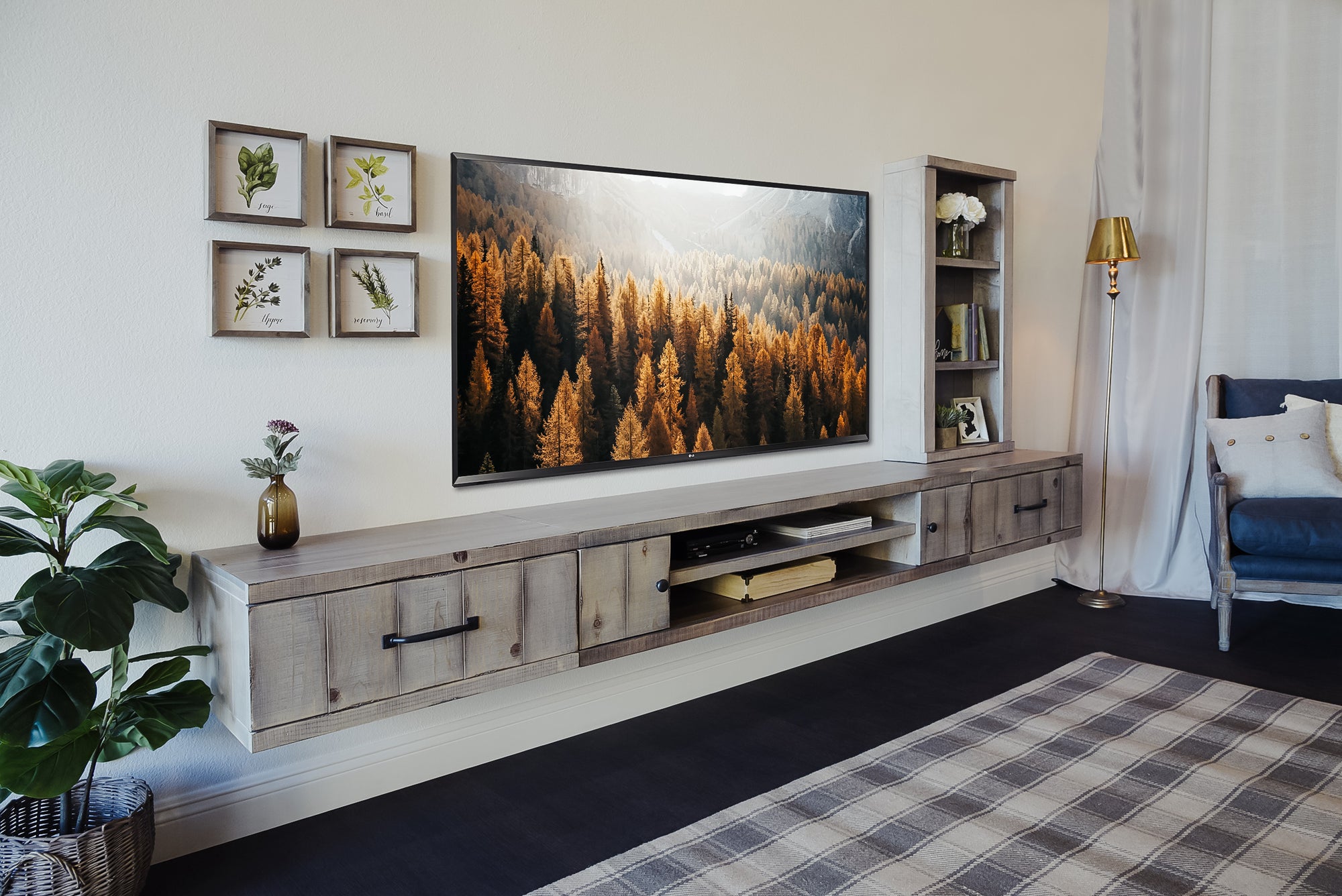 Gray Rustic Floating TV Stand Farmhouse Bookcase Entertainment Center - Lakewood