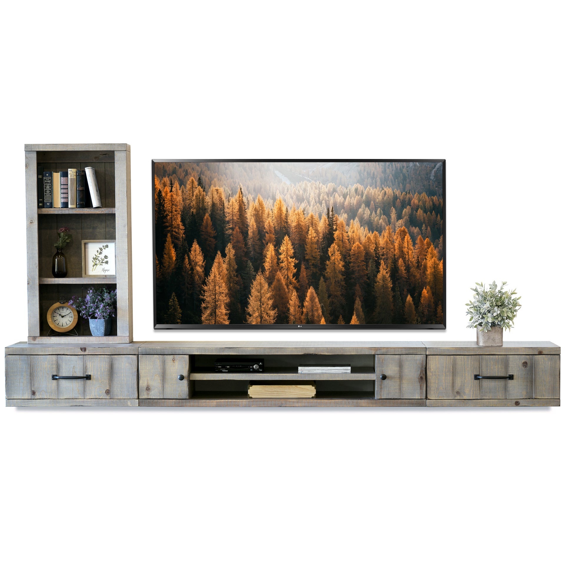 Gray Rustic Floating TV Stand Farmhouse Bookcase Entertainment Center - Lakewood