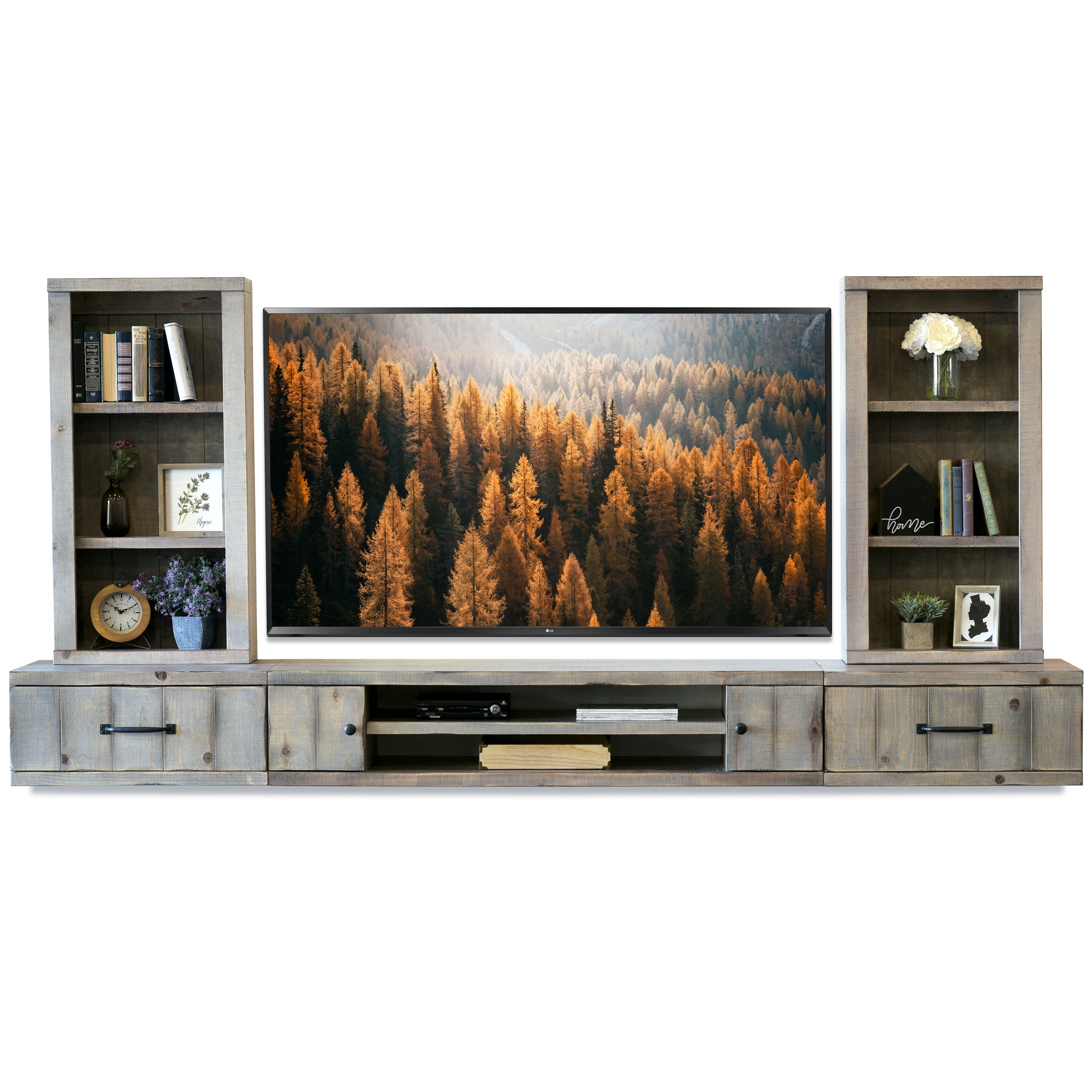 Handmade 114" Rustic Wood Floating TV Stand Wall Mount Entertainment Center - Pine Creek - Lakewood Gray