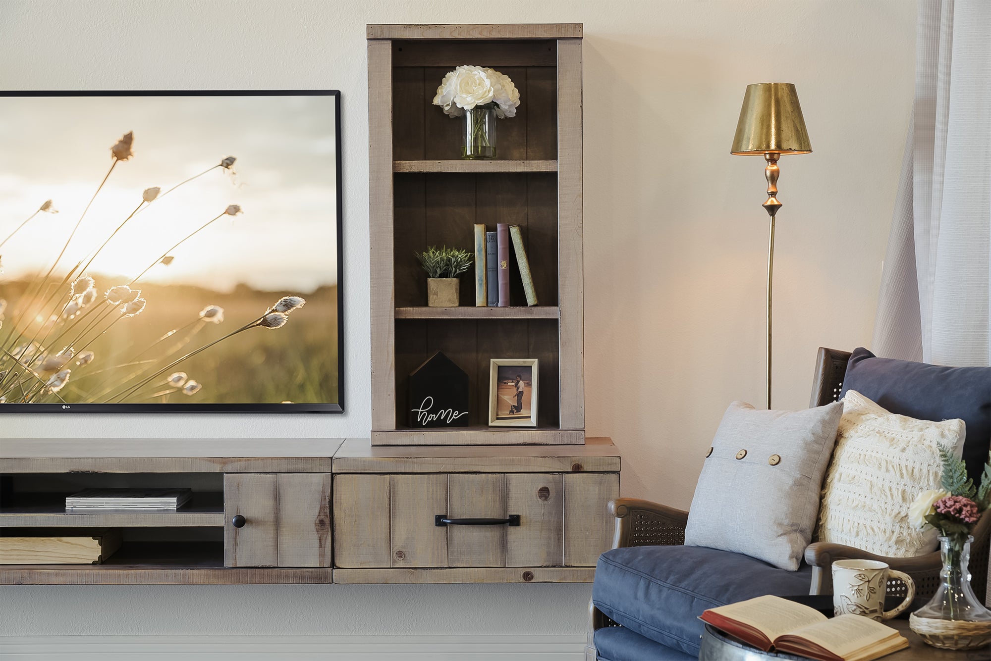 Handmade 114" Rustic Wood Floating TV Stand Wall Mount Entertainment Center - Pine Creek - Lakewood Gray