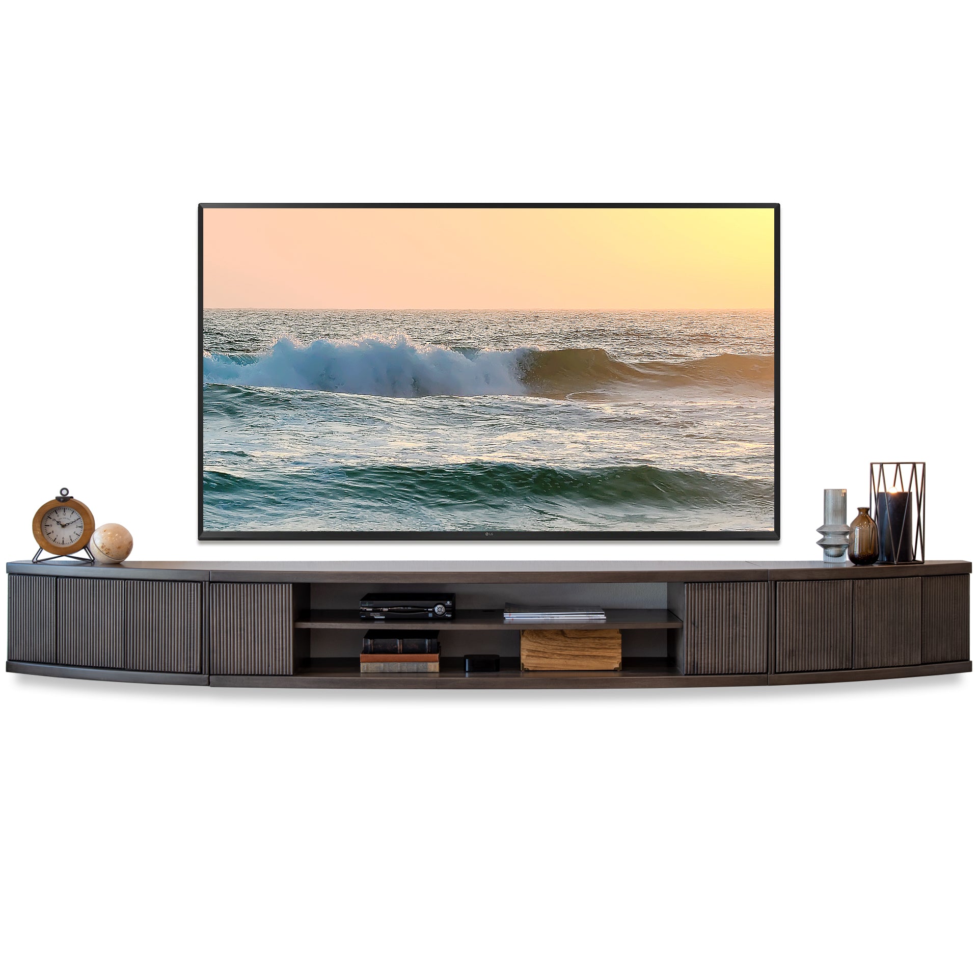 Handcrafted 108" Curved Gray Floating TV Stand Wall Mount Entertainment Center Console - Arc - Greystone