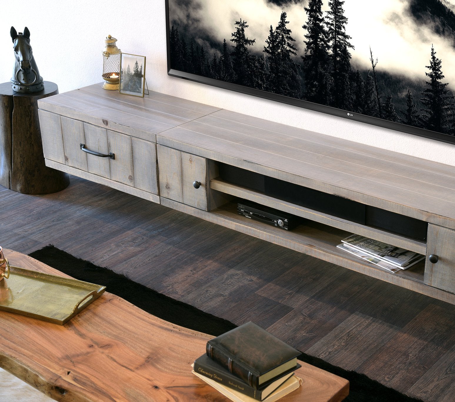 Gray Rustic Floating TV Stand Coastal Barn Wood Style Wall Mount Entertainment Center - Farmhouse - Lakewood