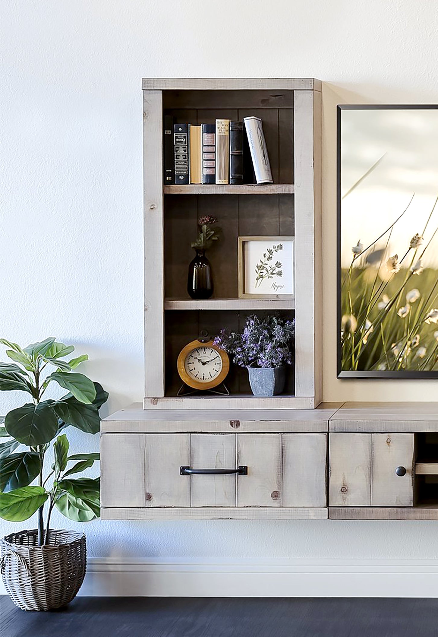 Floating Bookshelf Set - Rustic Wood Wall Mount Storage Bookcases - Pine Creek - Lakewood Gray