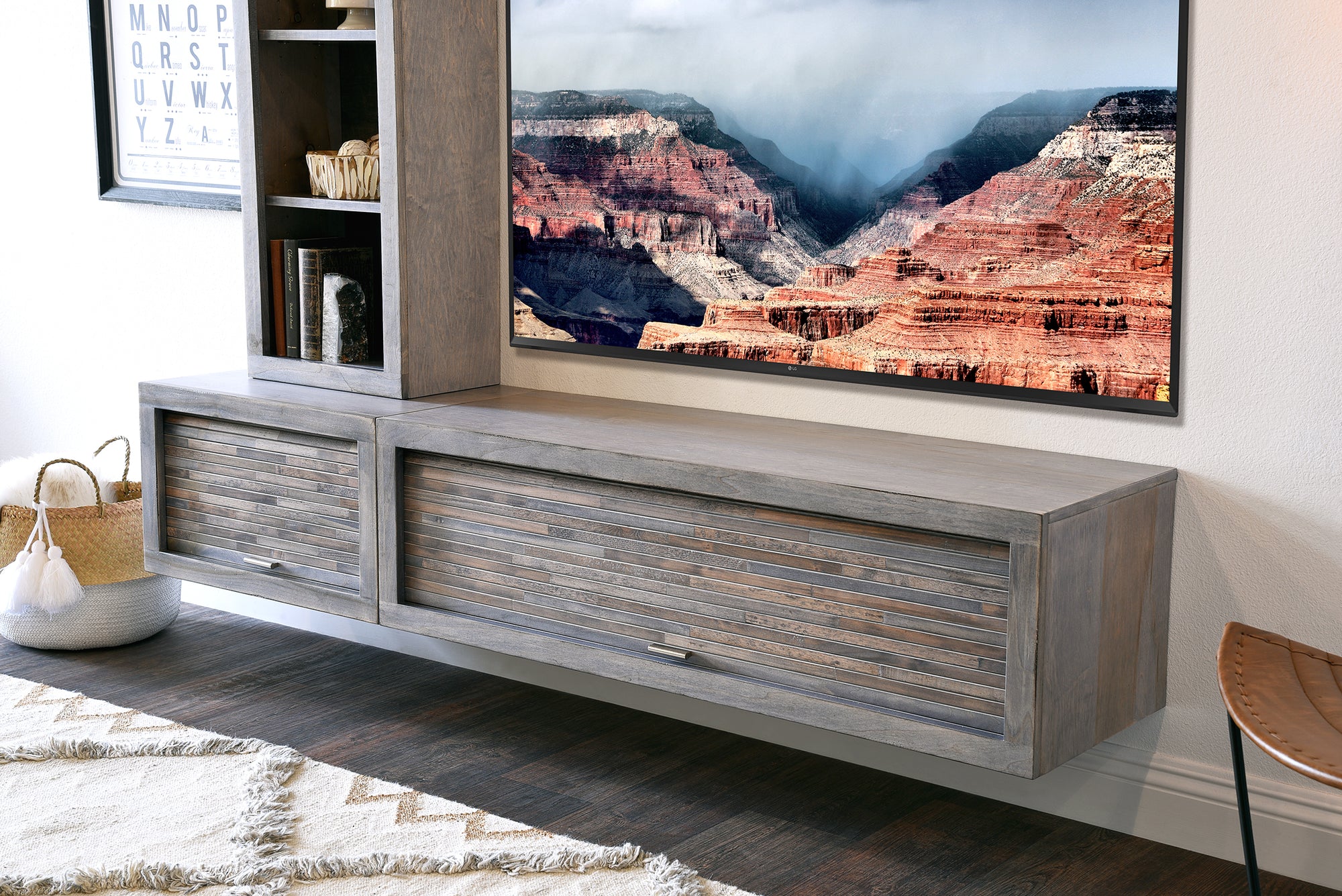 Gray Floating TV Stand With Bookcase - ECO GEO - Lakewood
