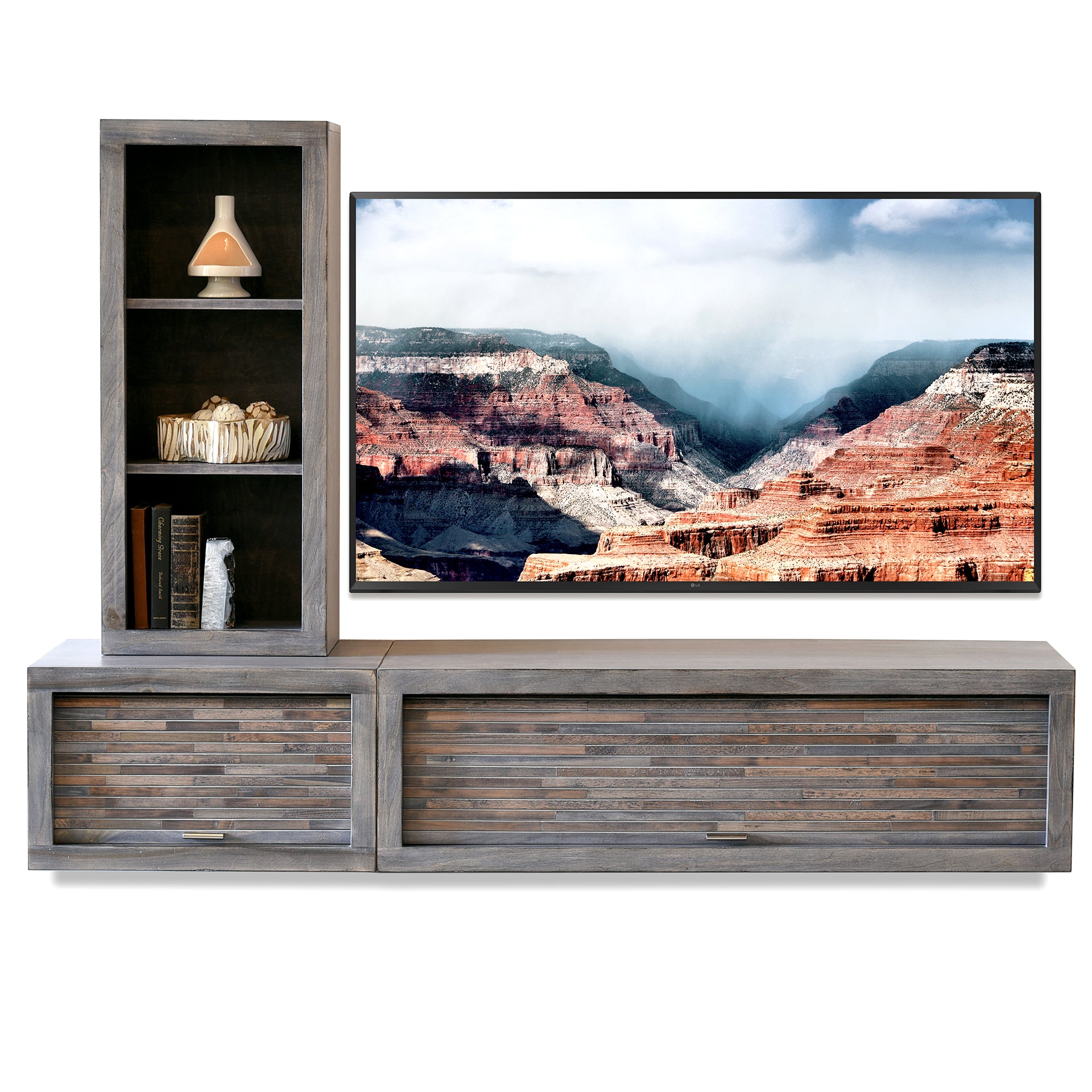Gray Floating TV Stand With Bookcase - ECO GEO - Lakewood