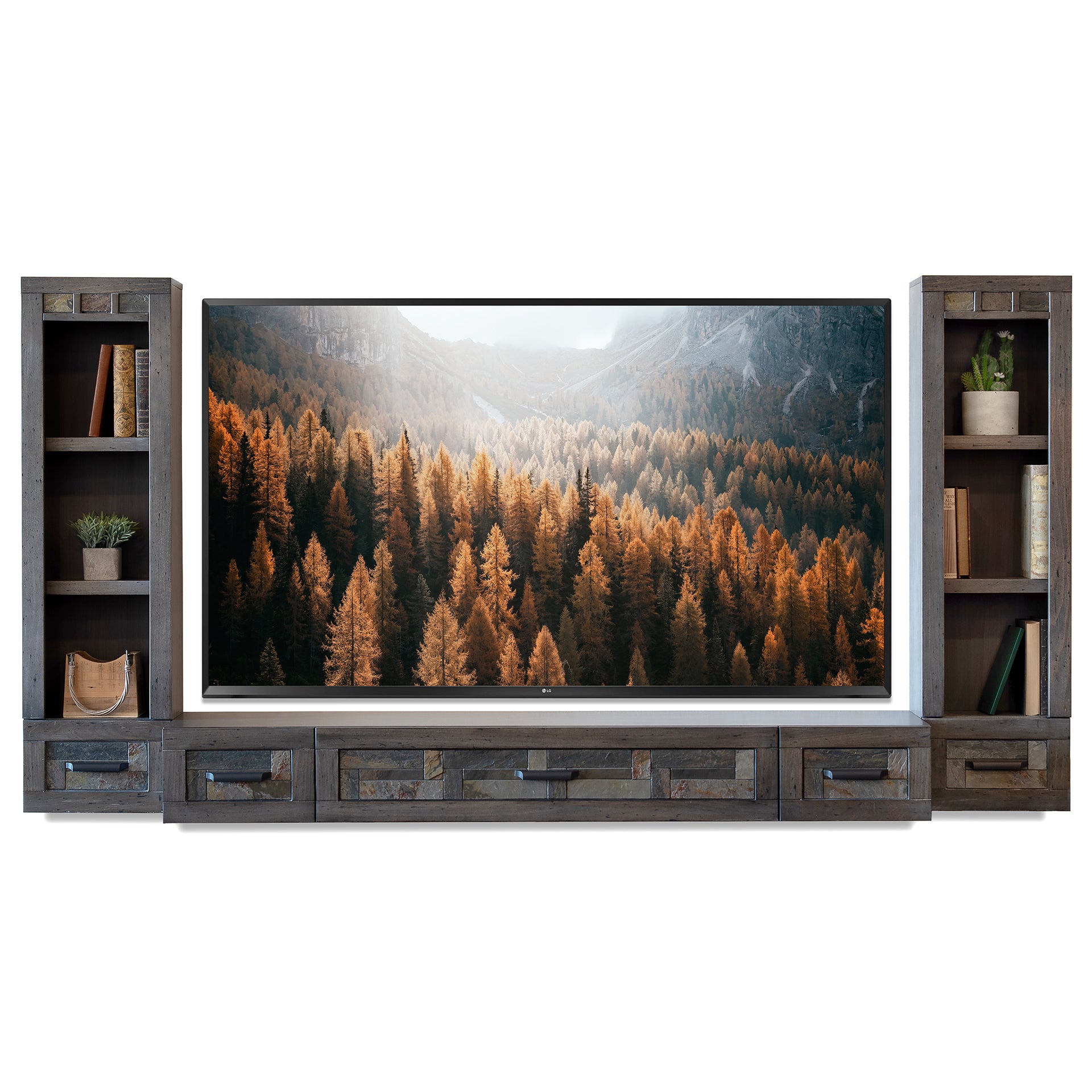 Gray Floating TV Stand Stone Inlay Wall Mount Console With Bookcases - Woodstone - Gray Pepper