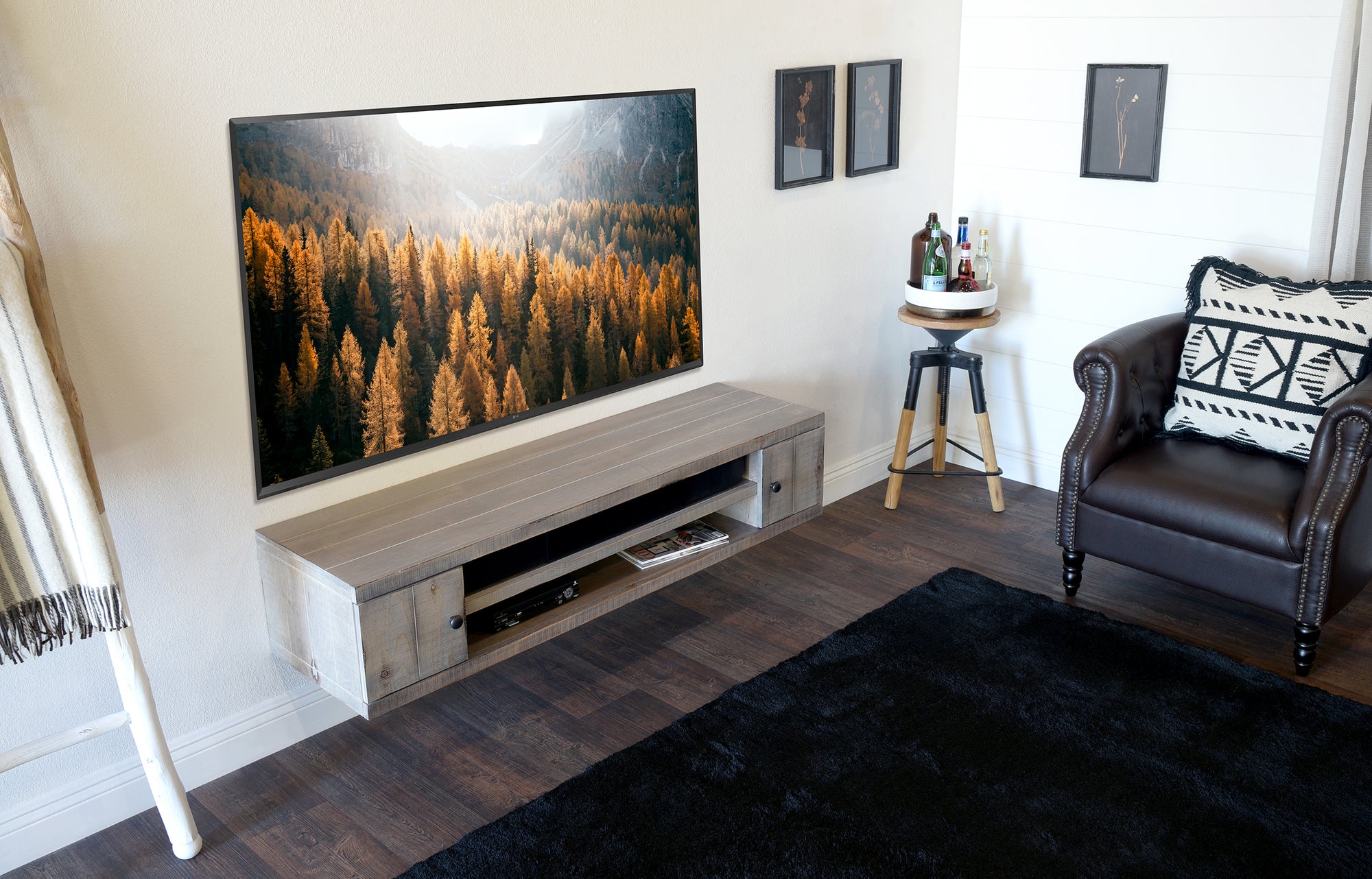 Gray Rustic Barn Wood Style Floating TV Stand - Farmhouse - Lakewood